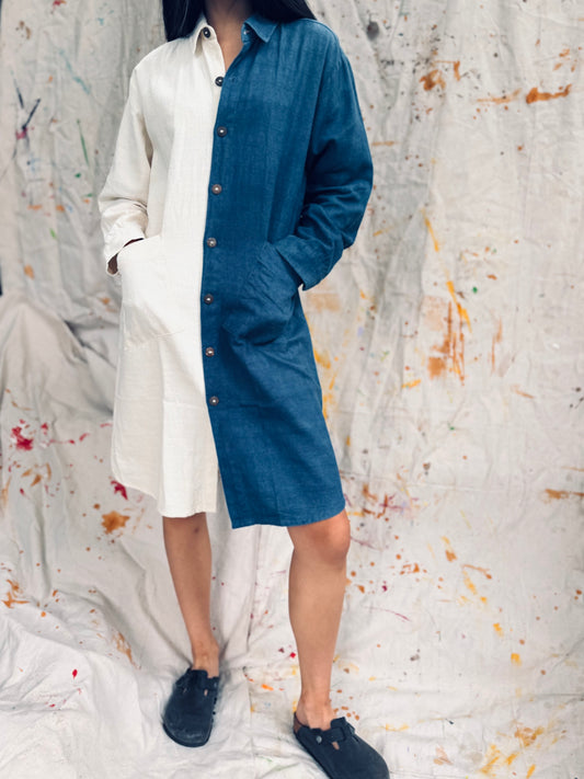 Indigo & Ivory Two-Tone Shirt Dress – Handmade in Thailand
