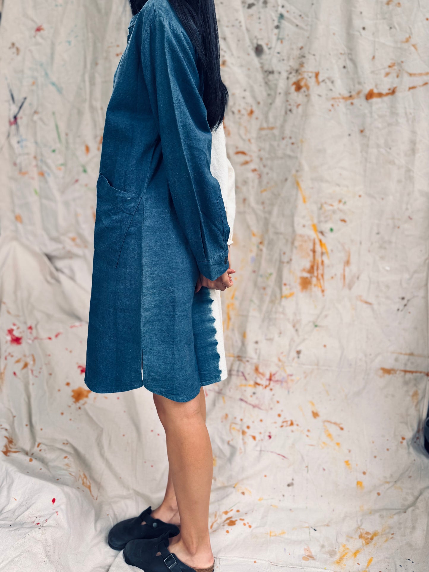 Indigo & Ivory Two-Tone Shirt Dress – Handmade in Thailand