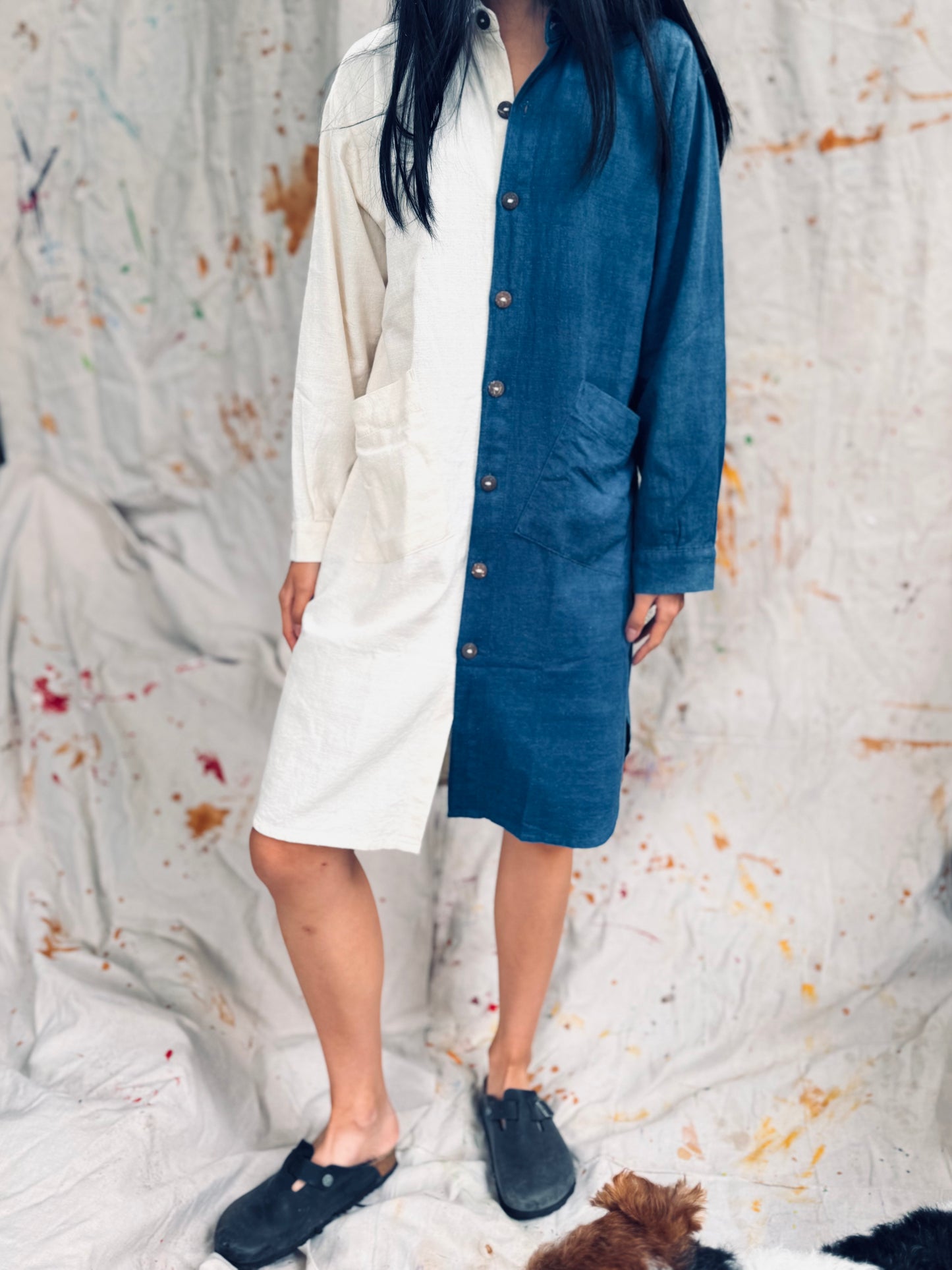 Indigo & Ivory Two-Tone Shirt Dress – Handmade in Thailand