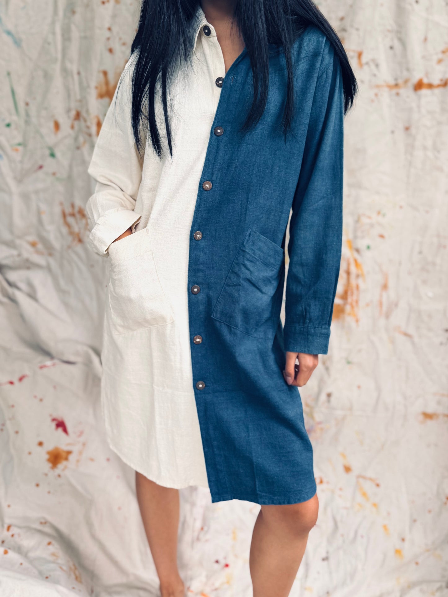 Indigo & Ivory Two-Tone Shirt Dress – Handmade in Thailand