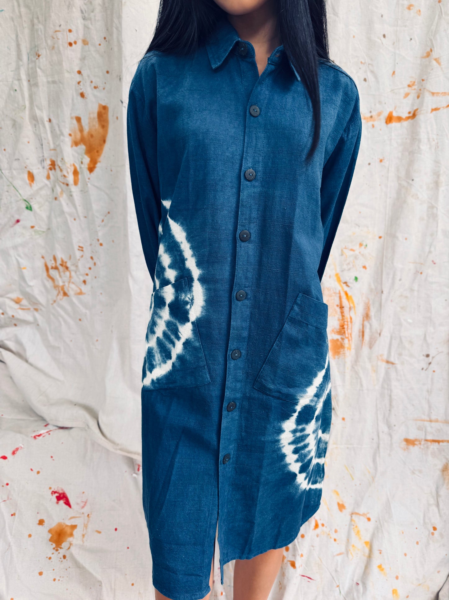 Indigo Spiral Shirt Dress – Handmade in Thailand