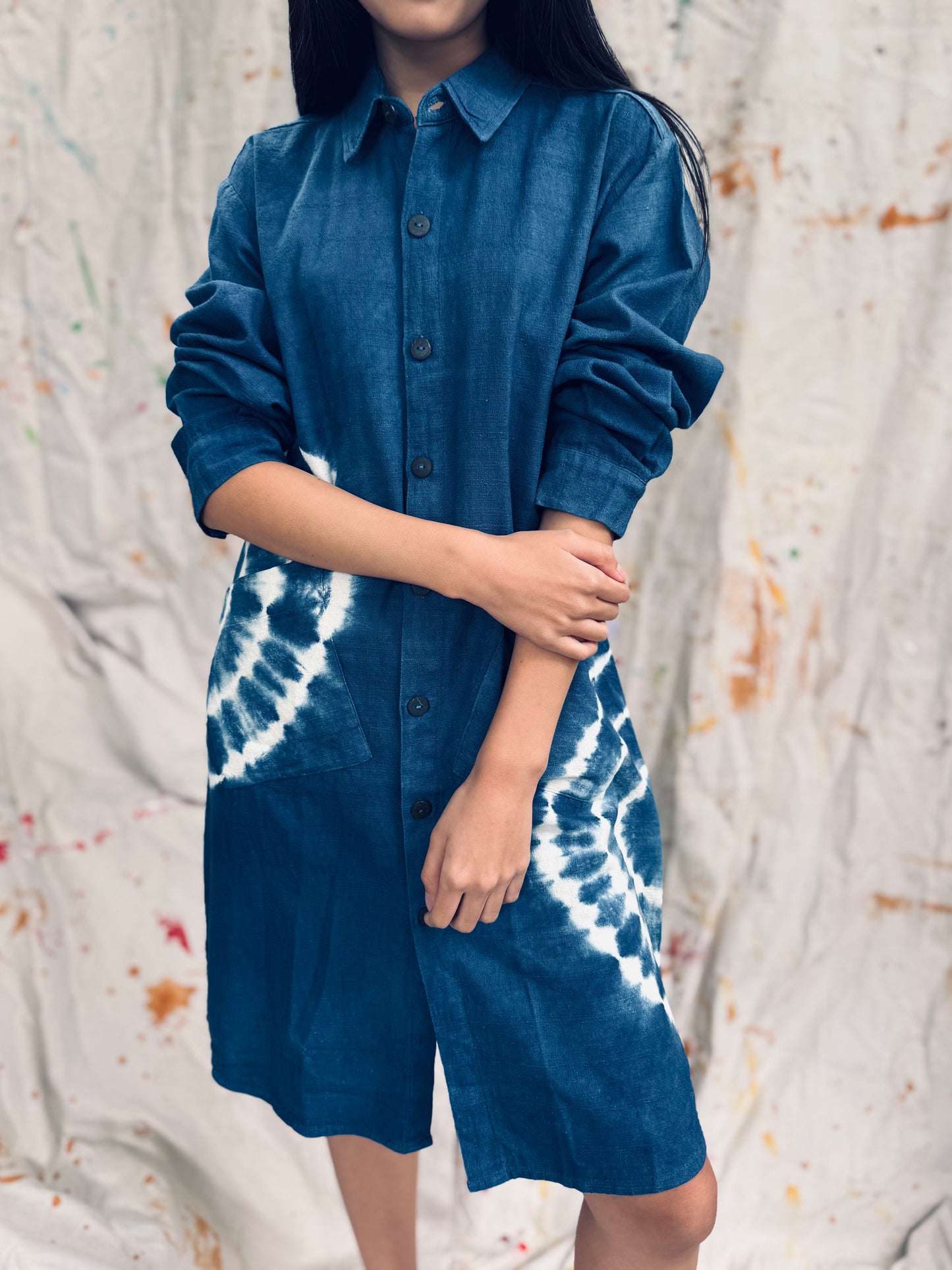 Indigo Spiral Shirt Dress – Handmade in Thailand
