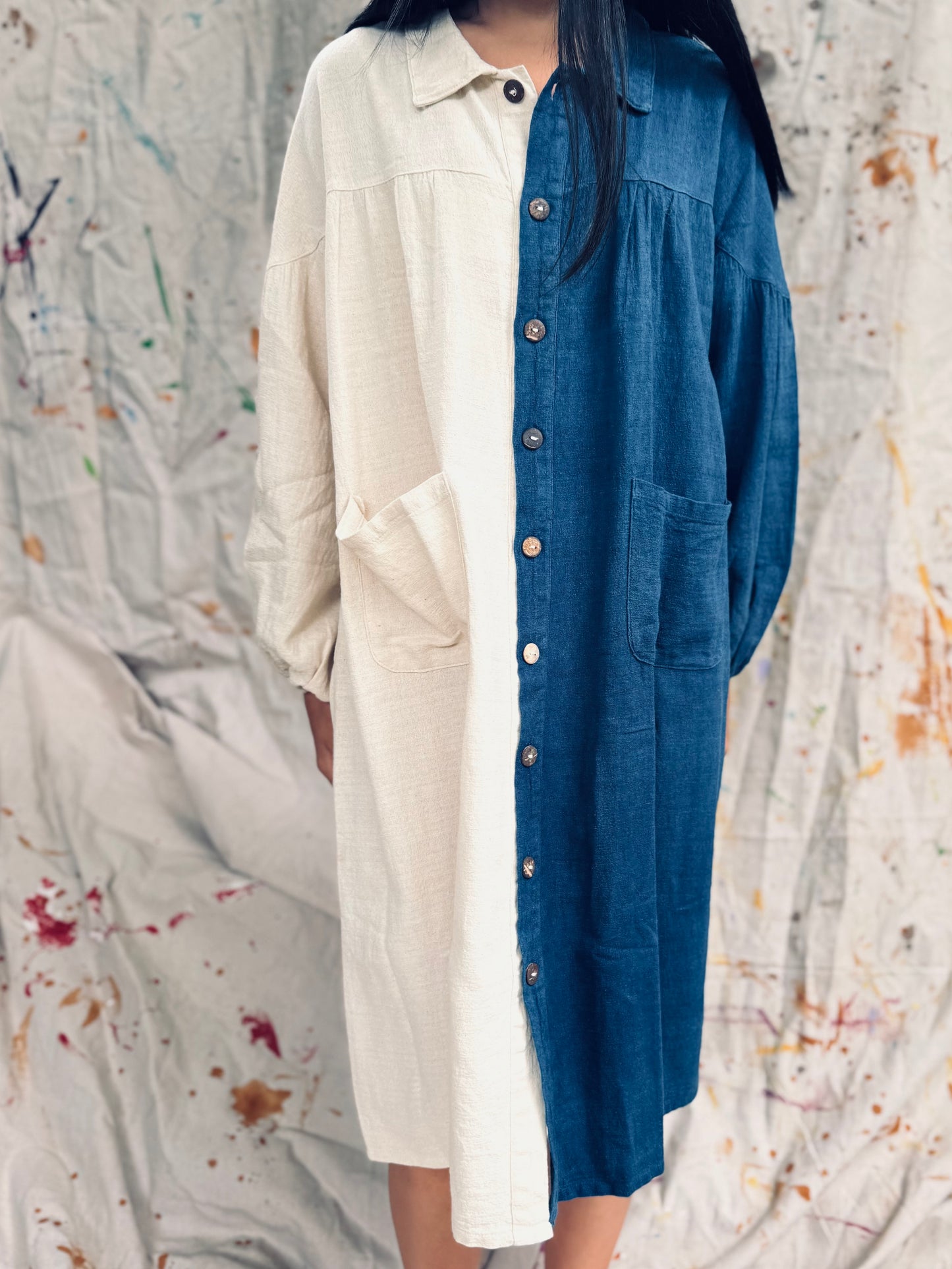 Indigo Dyed Half & Half Shirt Dress – Thailand