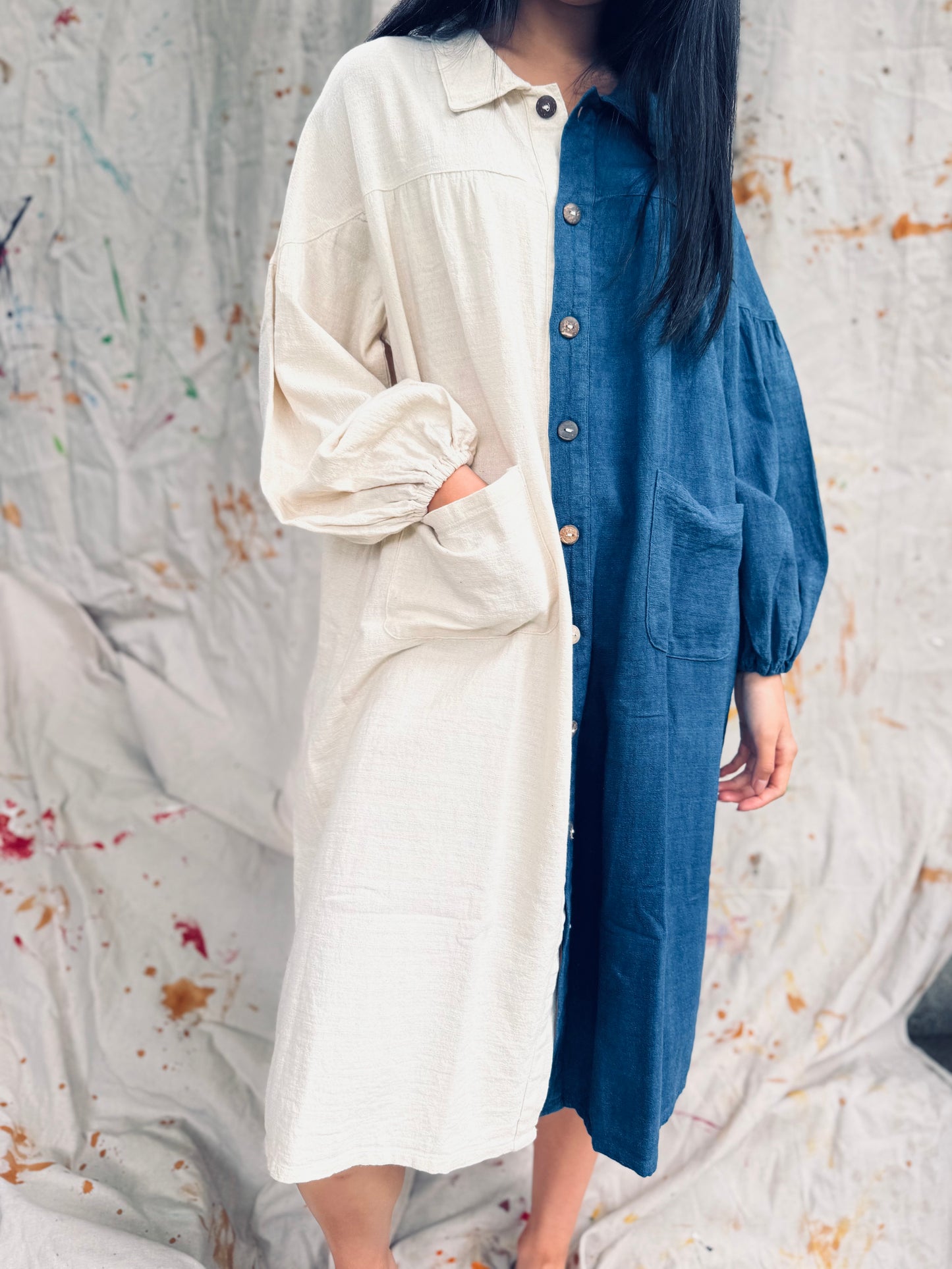 Indigo Dyed Half & Half Shirt Dress – Thailand