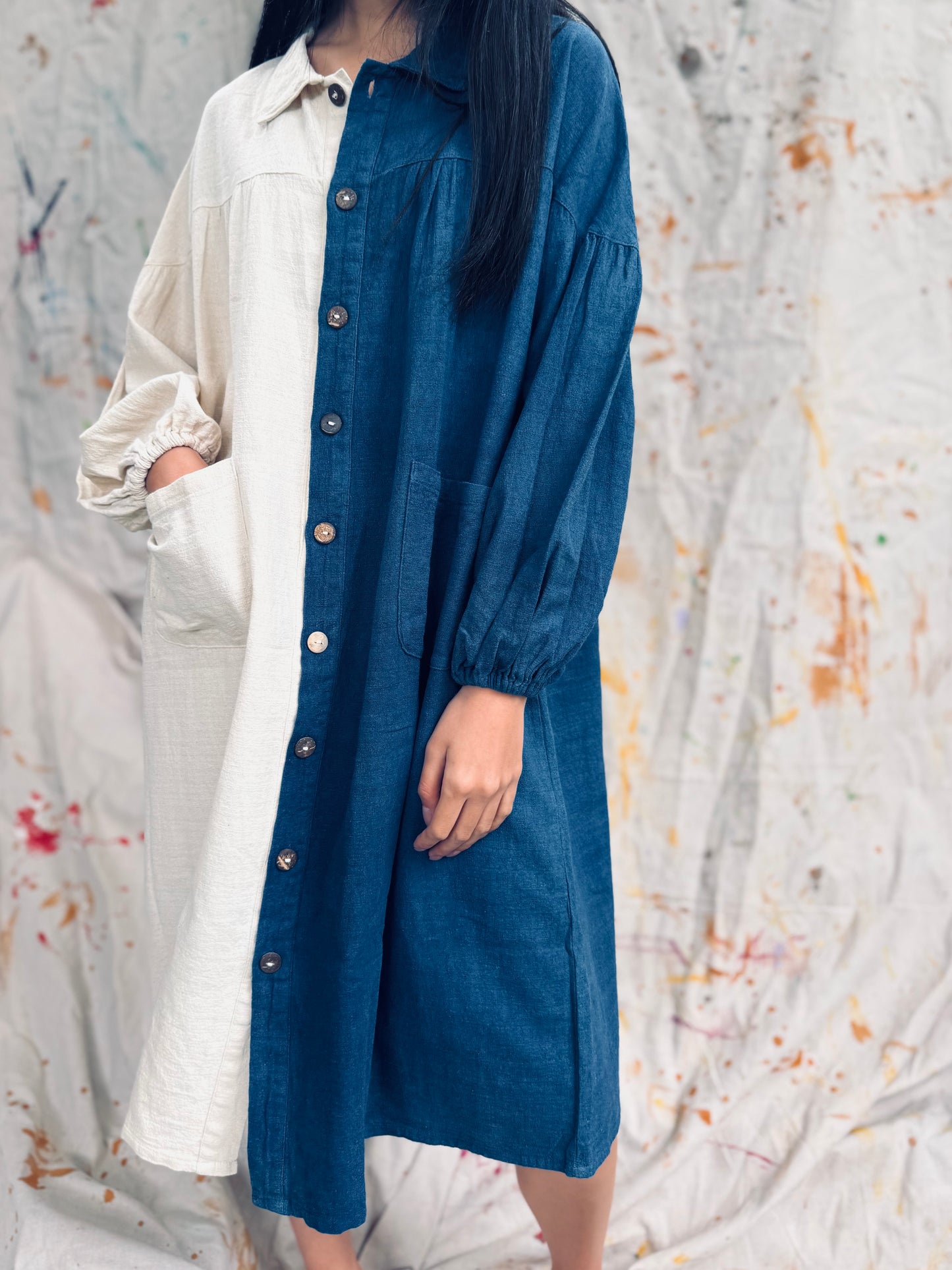 Indigo Dyed Half & Half Shirt Dress – Thailand