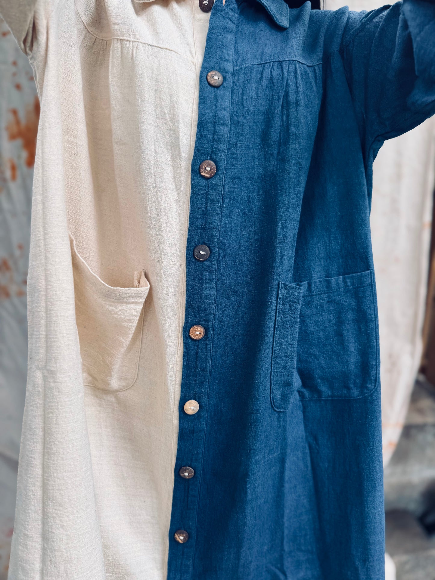 Indigo Dyed Half & Half Shirt Dress – Thailand