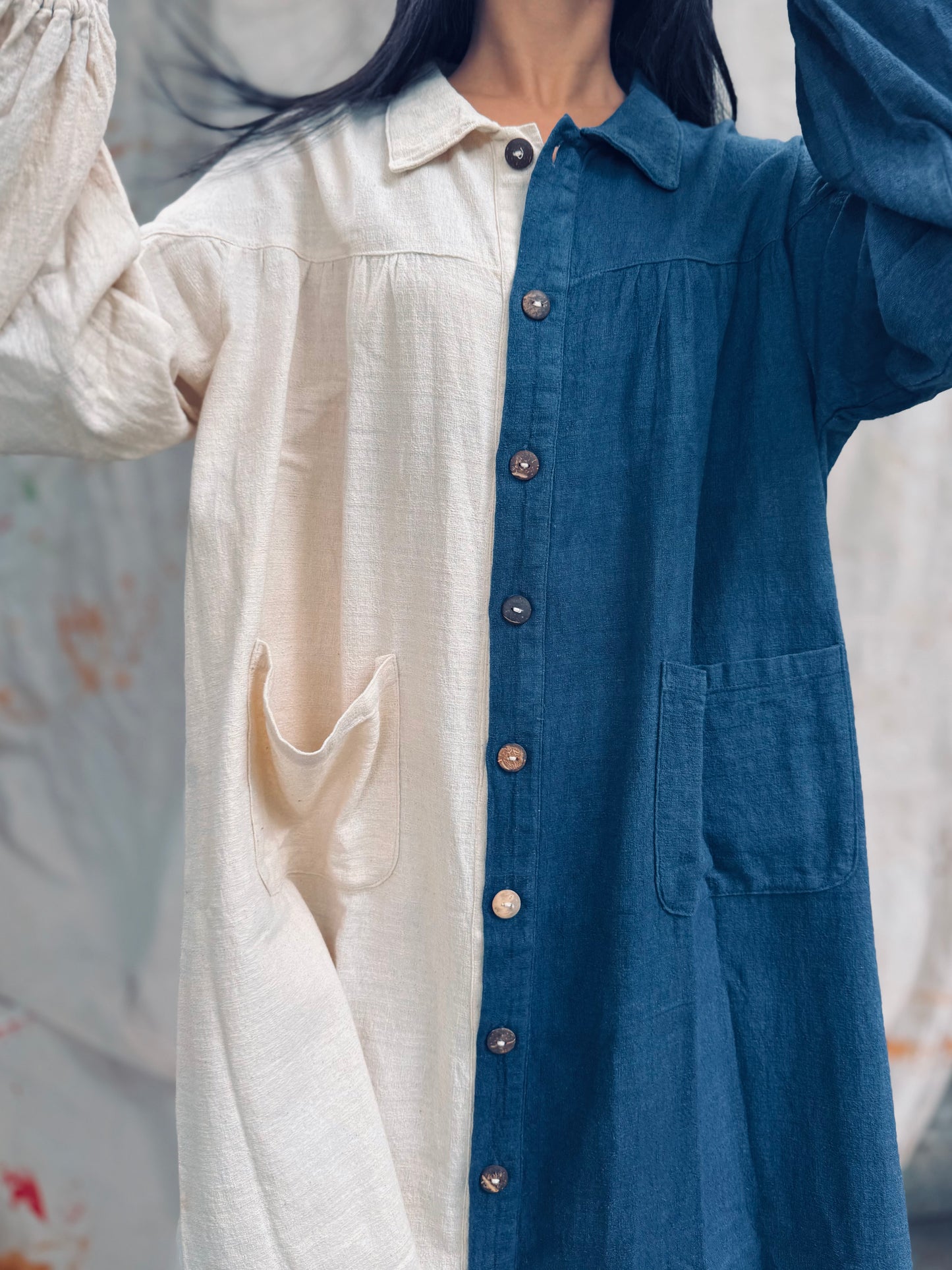 Indigo Dyed Half & Half Shirt Dress – Thailand