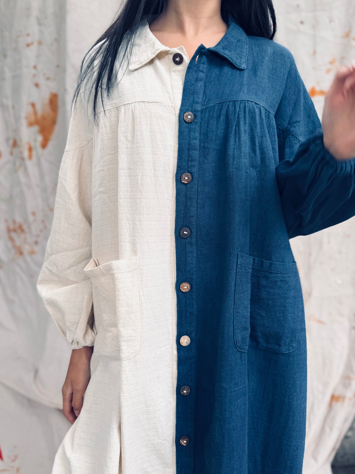 Indigo Dyed Half & Half Shirt Dress – Thailand