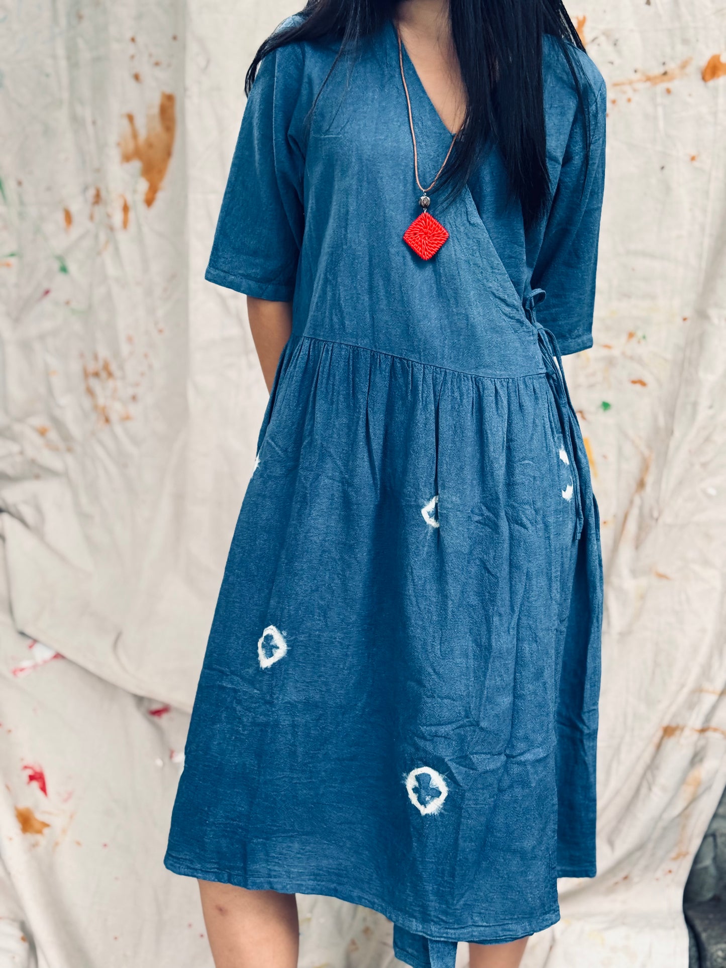 Indigo Dyed Wrap Midi Dress – Thailand