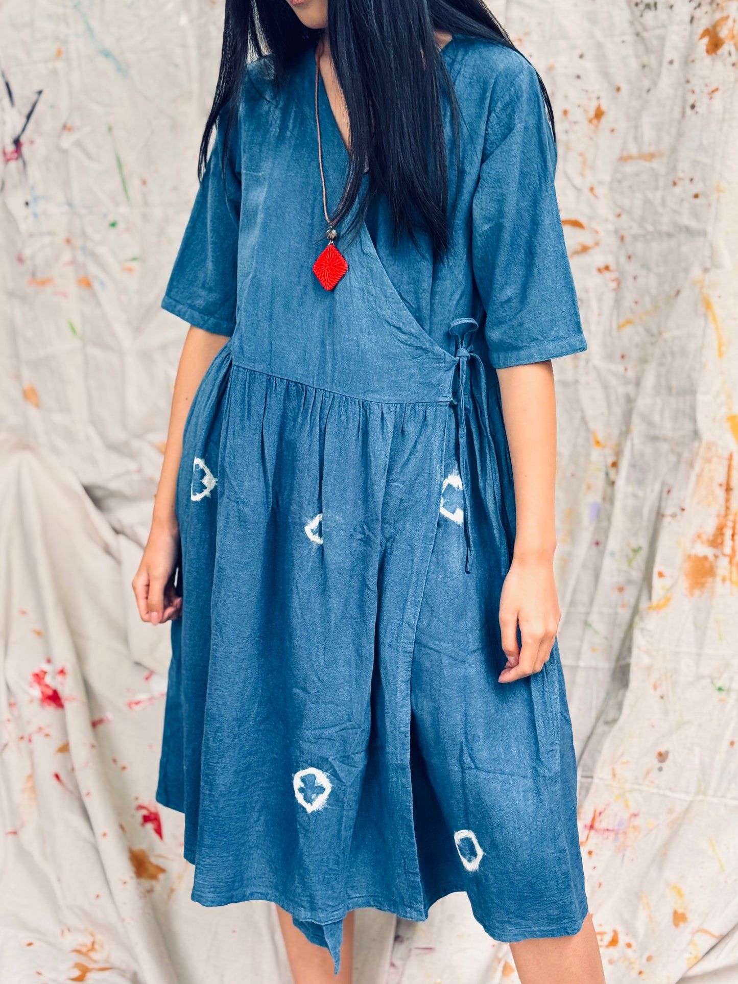 Indigo Dyed Wrap Midi Dress – Thailand