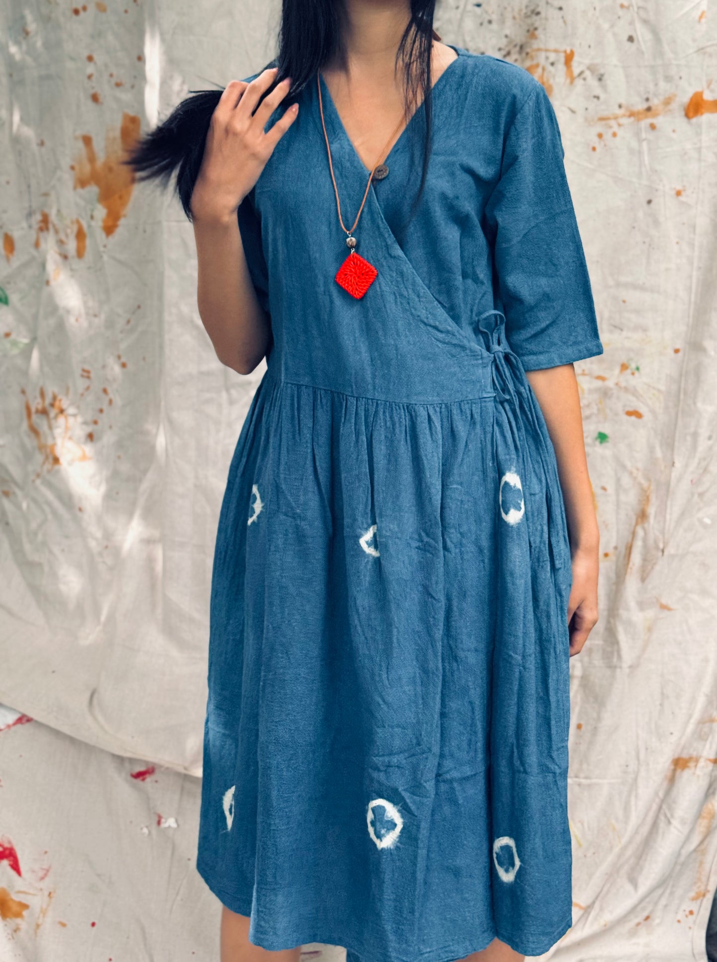 Indigo Dyed Wrap Midi Dress – Thailand