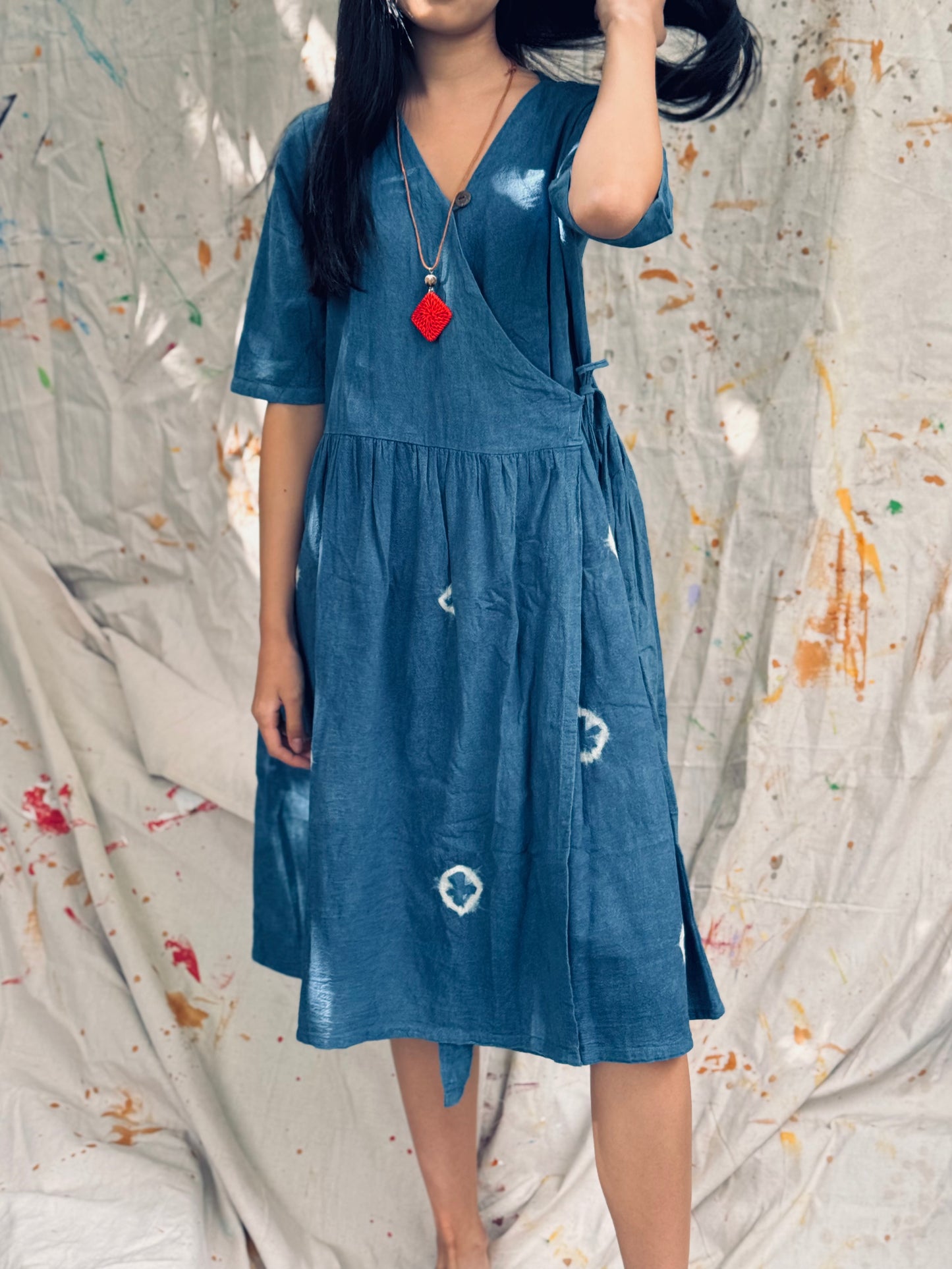 Indigo Dyed Wrap Midi Dress – Thailand