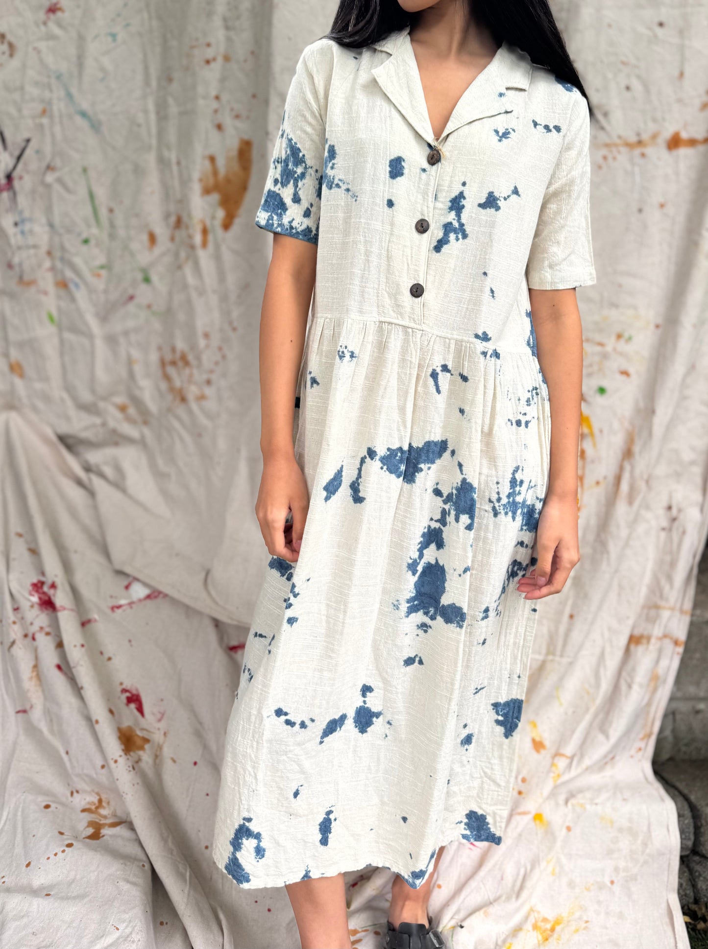 Thailand Handmade Indigo-Dyed Cotton Midi Dress