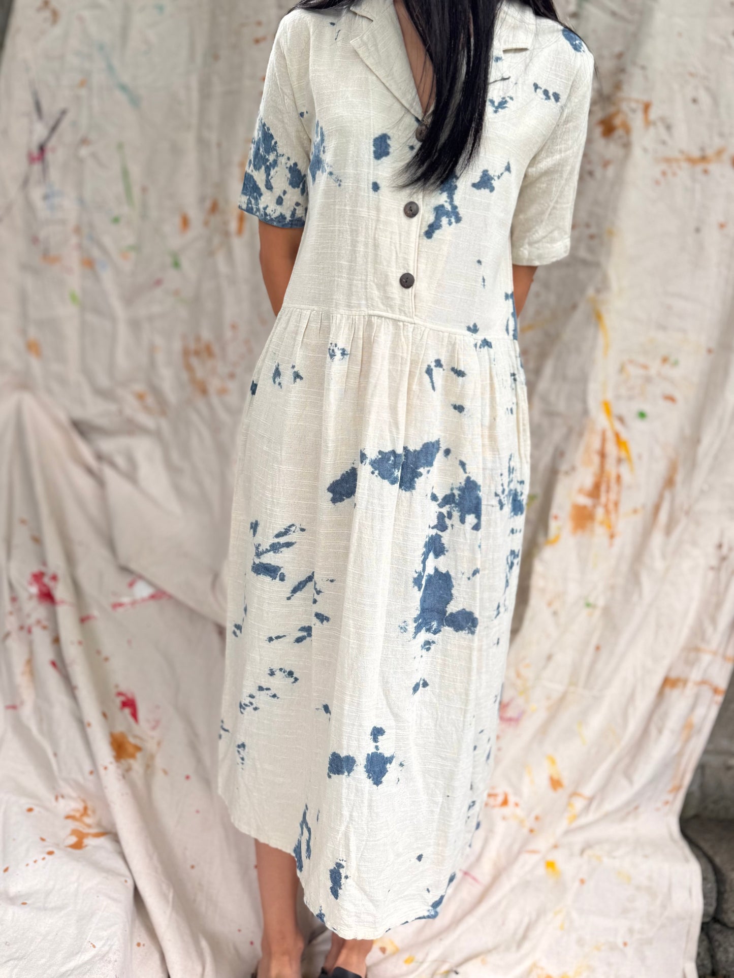 Thailand Handmade Indigo-Dyed Cotton Midi Dress
