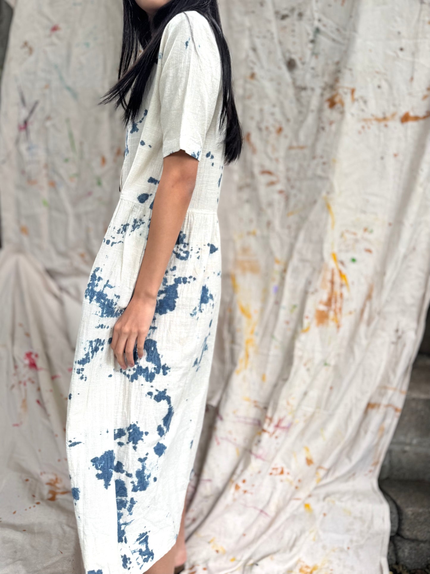 Thailand Handmade Indigo-Dyed Cotton Midi Dress