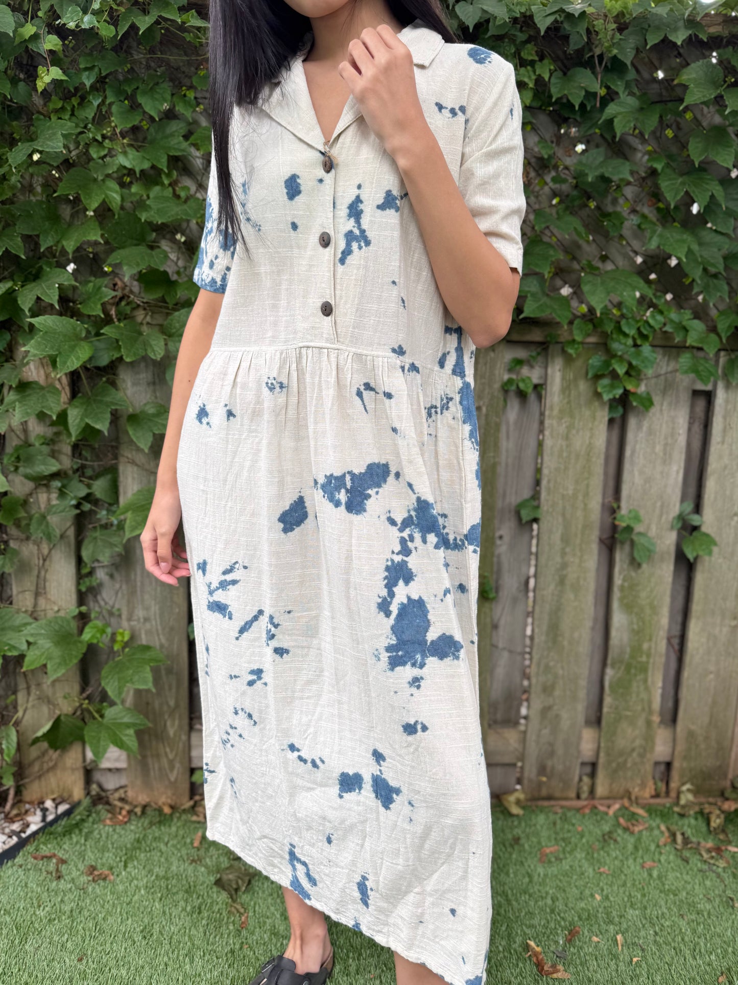 Thailand Handmade Indigo-Dyed Cotton Midi Dress