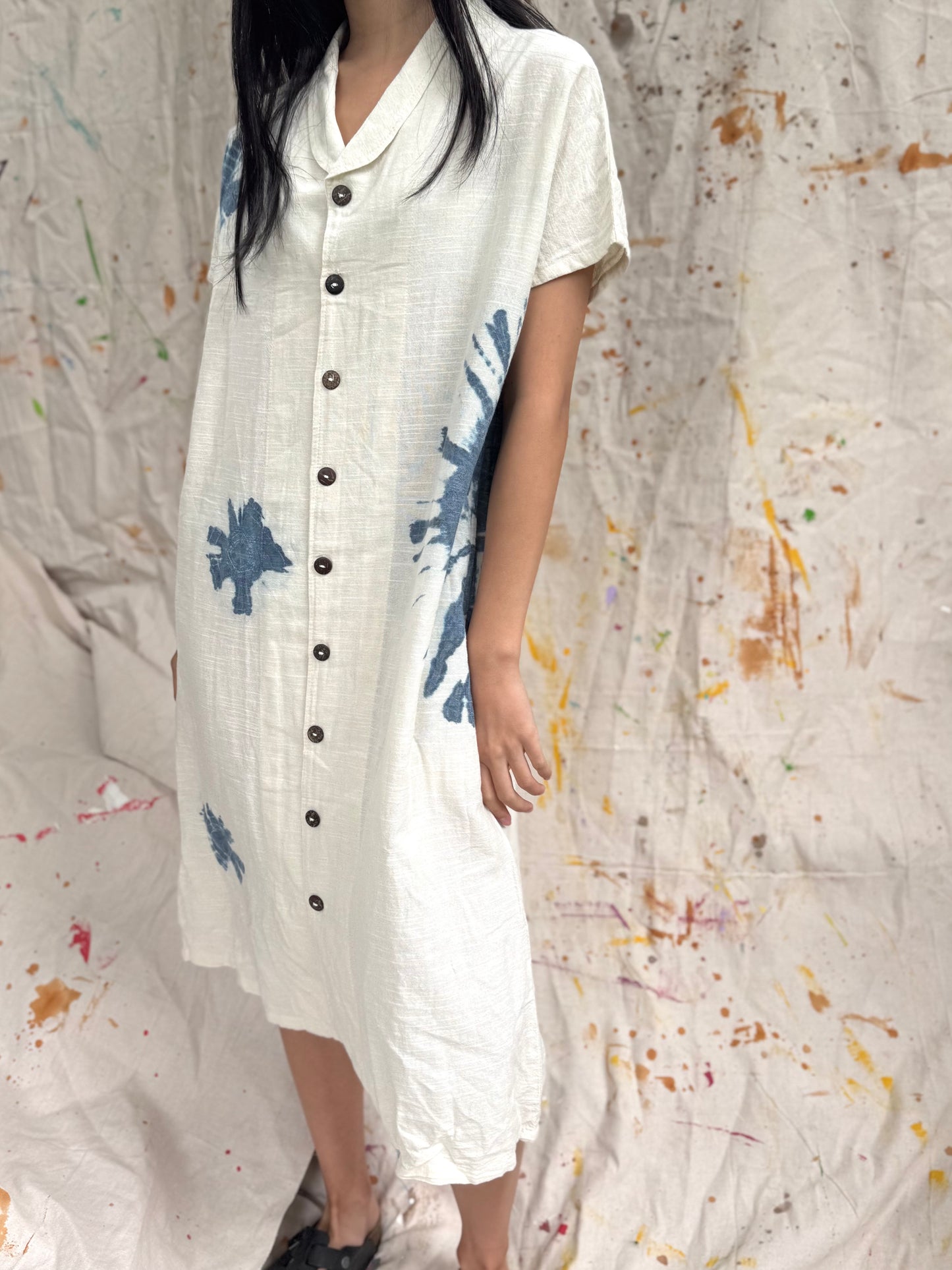 Thailand Handmade Indigo-Dyed Cotton Shirt Dress