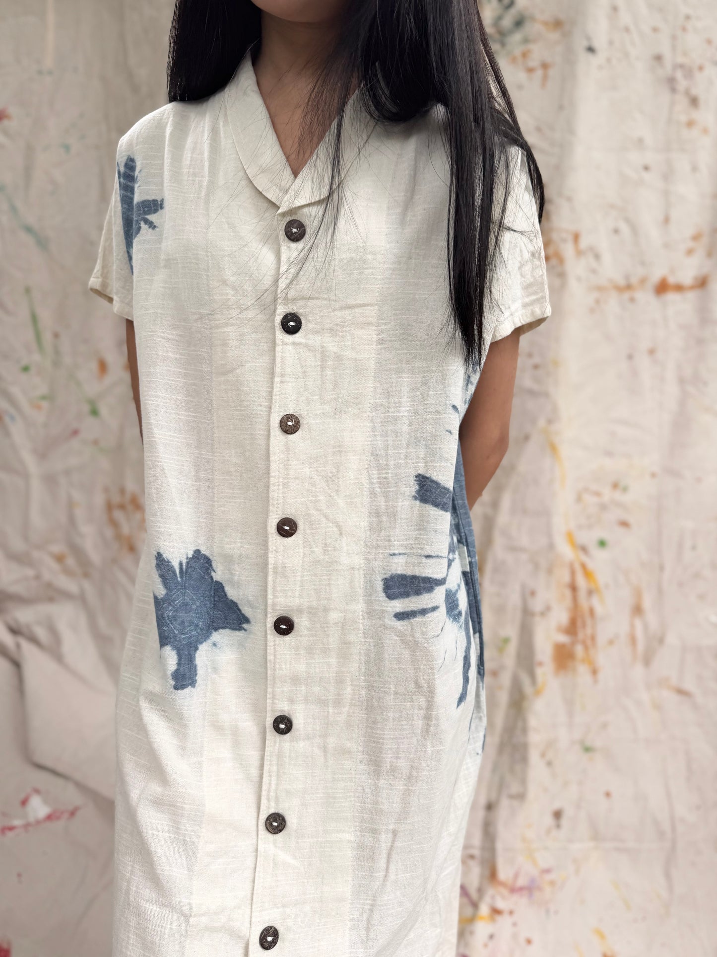 Thailand Handmade Indigo-Dyed Cotton Shirt Dress
