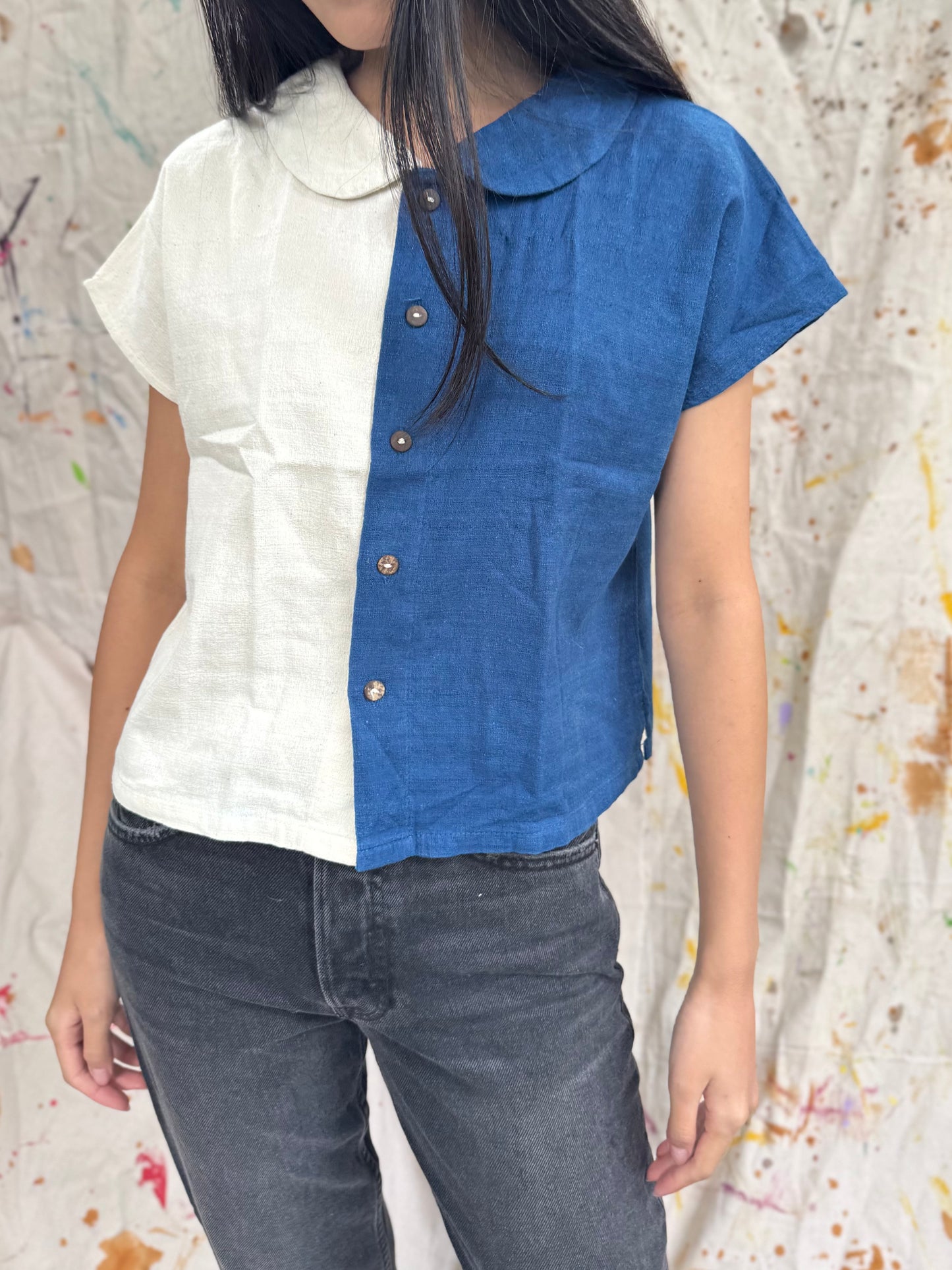Thailand Handmade Indigo Color-Block Cotton Top