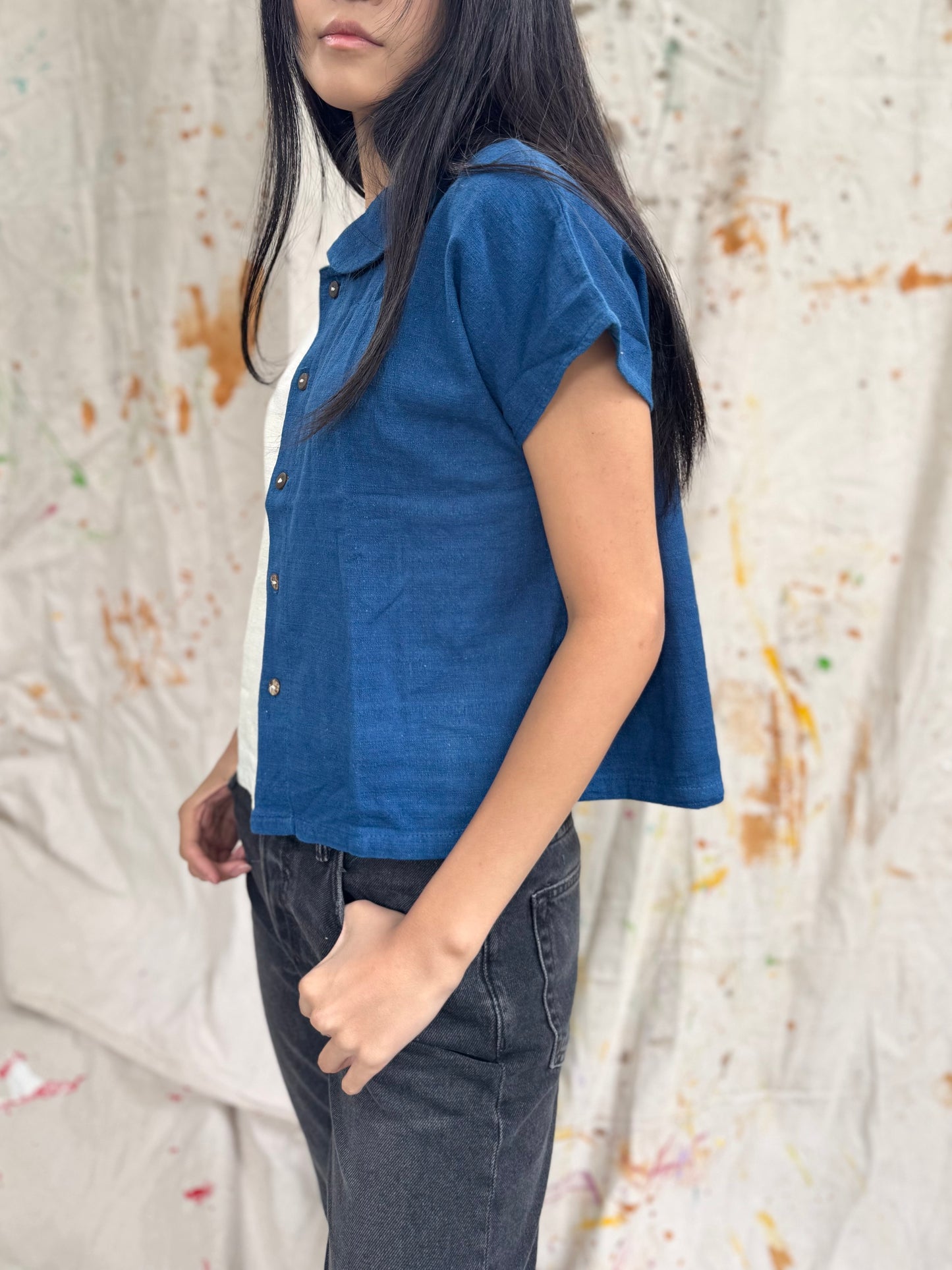 Thailand Handmade Indigo Color-Block Cotton Top