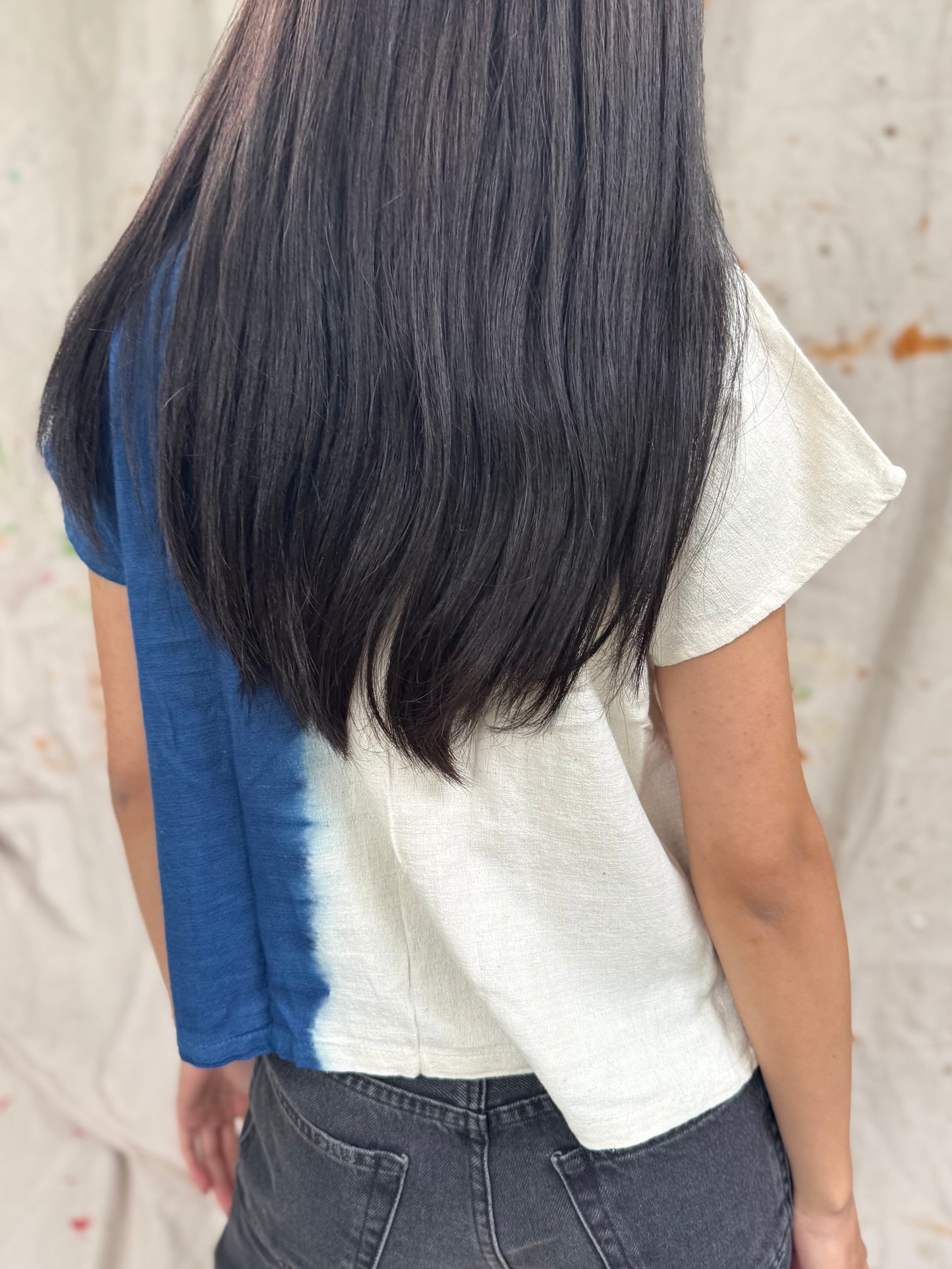 Thailand Handmade Indigo Color-Block Cotton Top