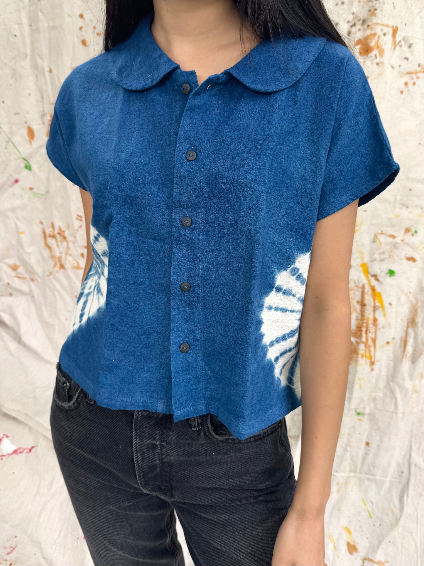 Thailand Handmade Indigo Tie-Dye Cotton Button Top
