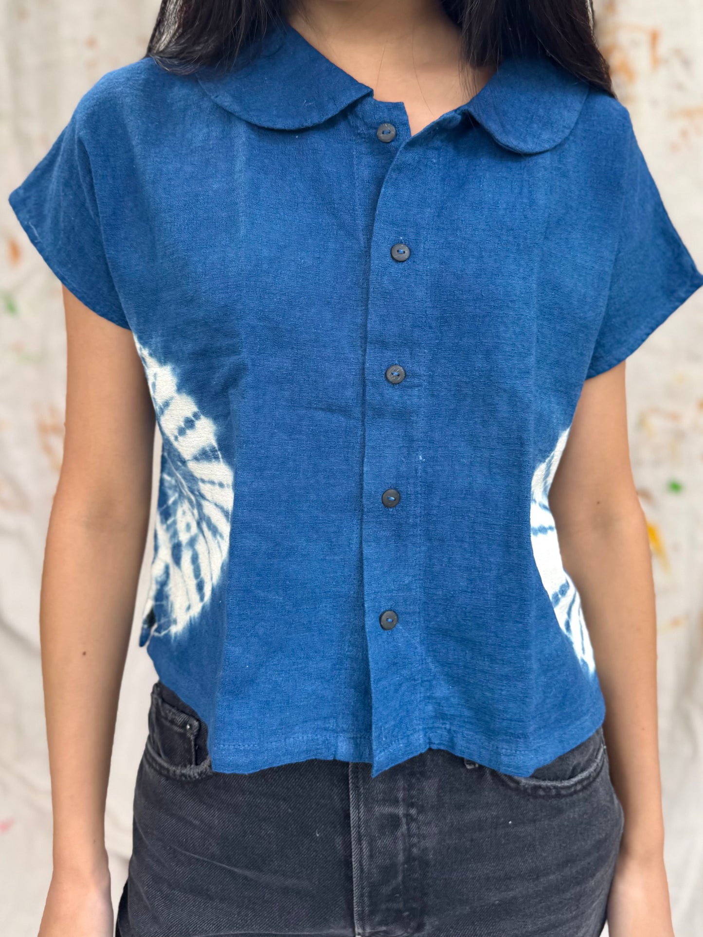 Thailand Handmade Indigo Tie-Dye Cotton Button Top