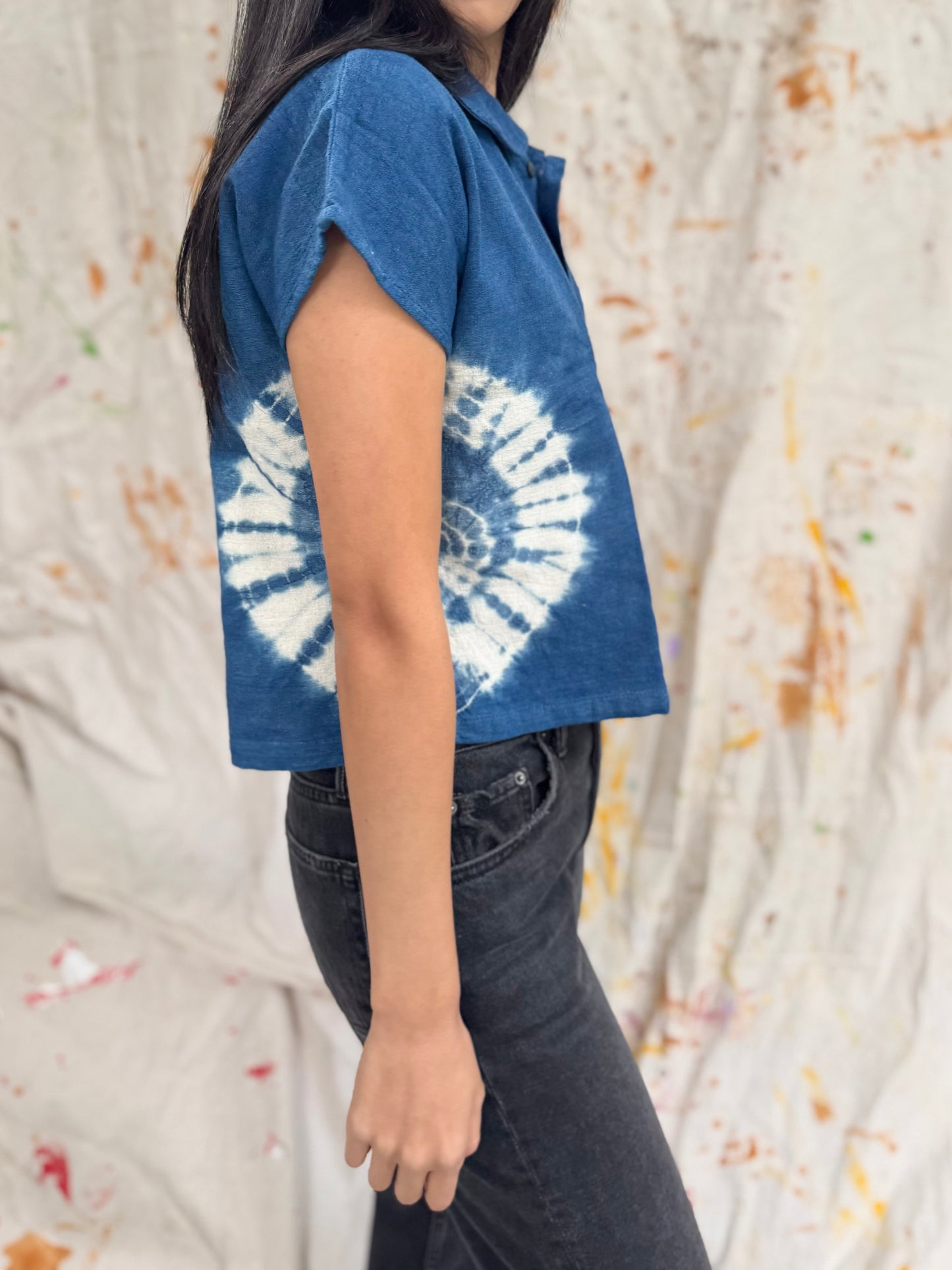Thailand Handmade Indigo Tie-Dye Cotton Button Top