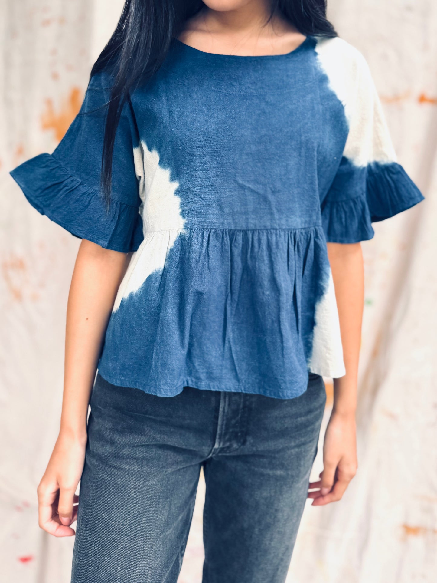Indigo Peplum Top with Ruffle Sleeves – Handmade in Thailand