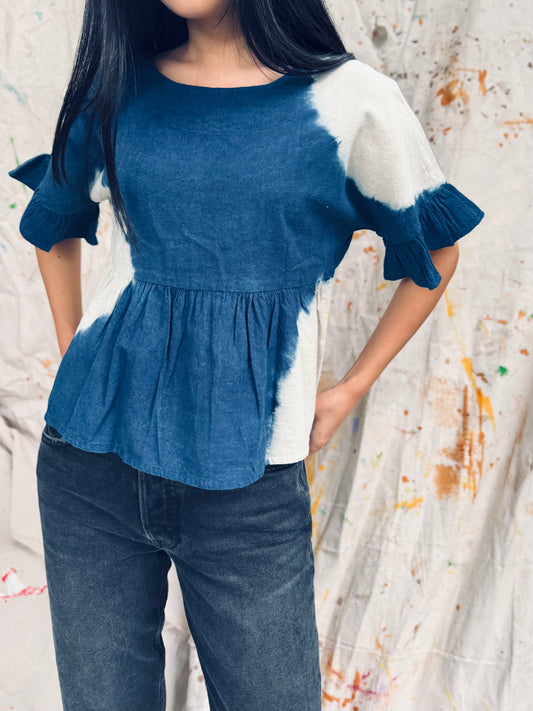 Indigo Peplum Top with Ruffle Sleeves – Handmade in Thailand