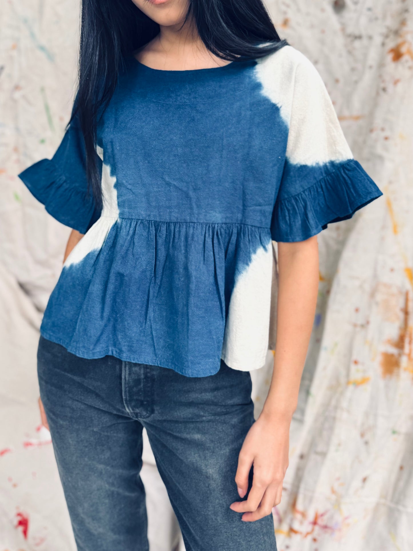 Indigo Peplum Top with Ruffle Sleeves – Handmade in Thailand