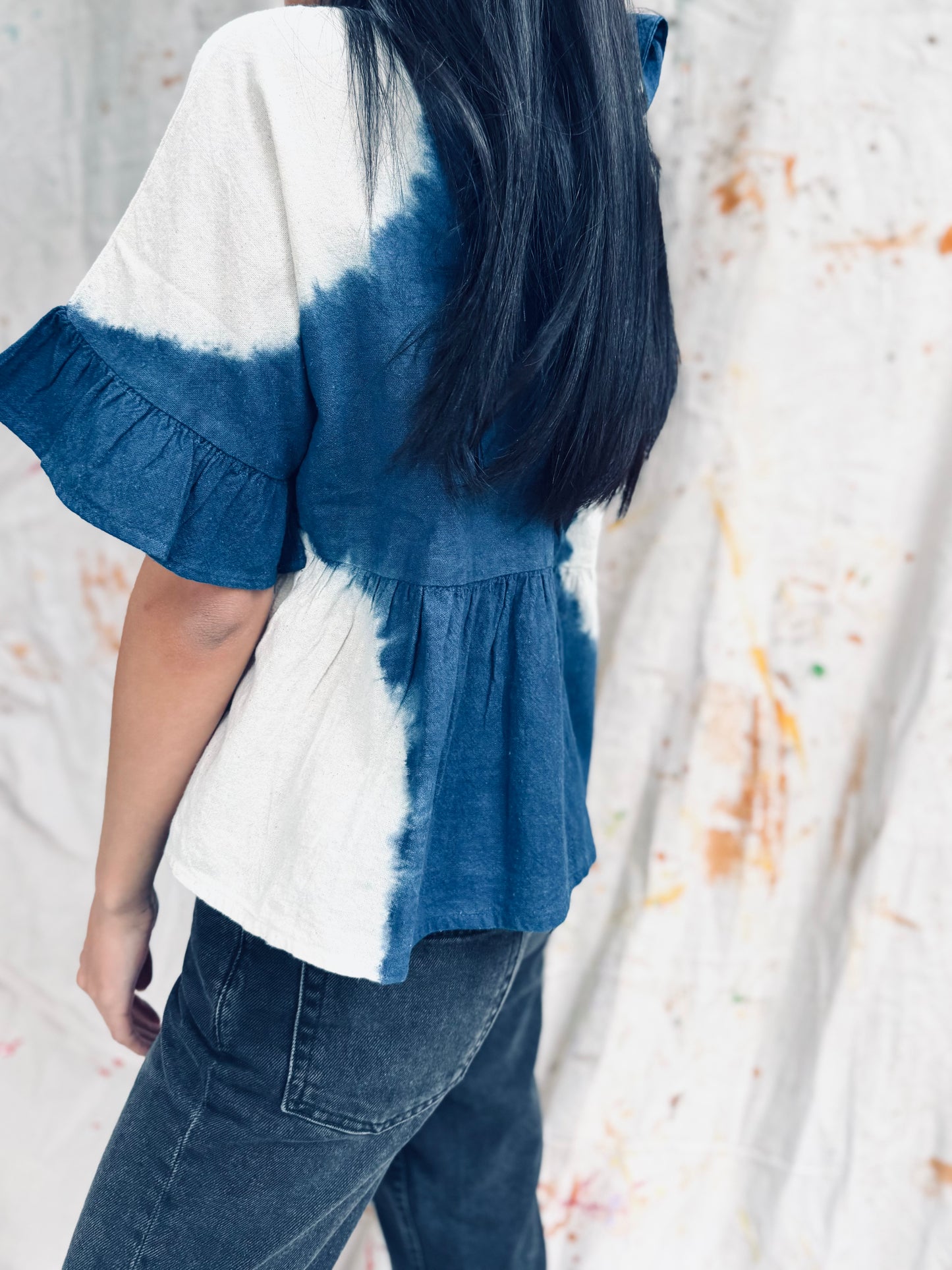 Indigo Peplum Top with Ruffle Sleeves – Handmade in Thailand