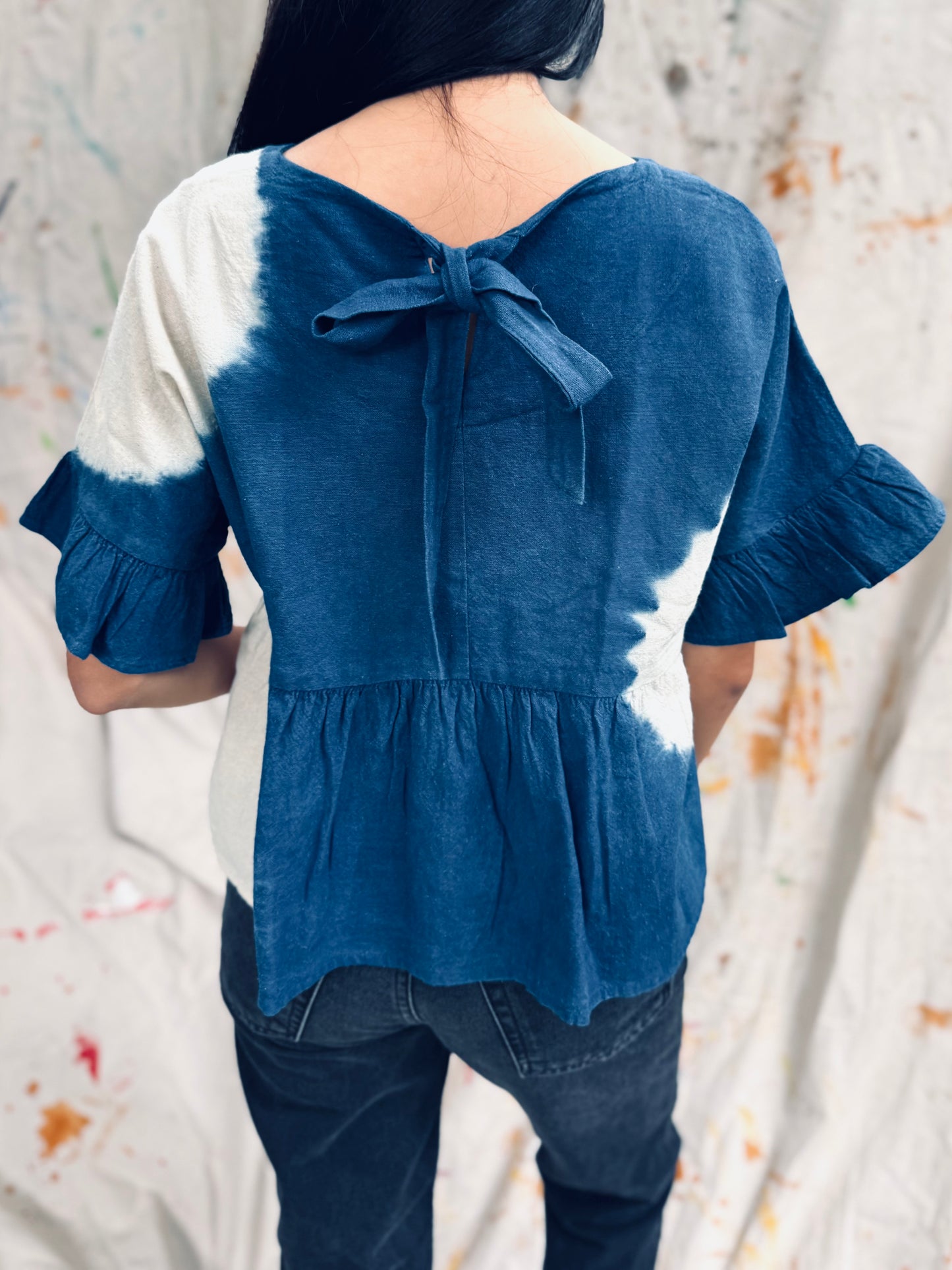 Indigo Peplum Top with Ruffle Sleeves – Handmade in Thailand