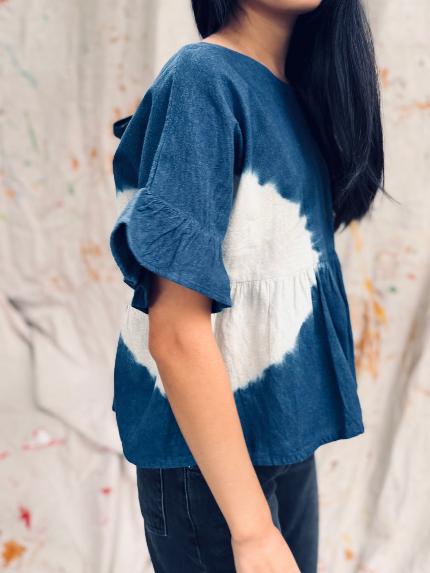 Indigo Peplum Top with Ruffle Sleeves – Handmade in Thailand