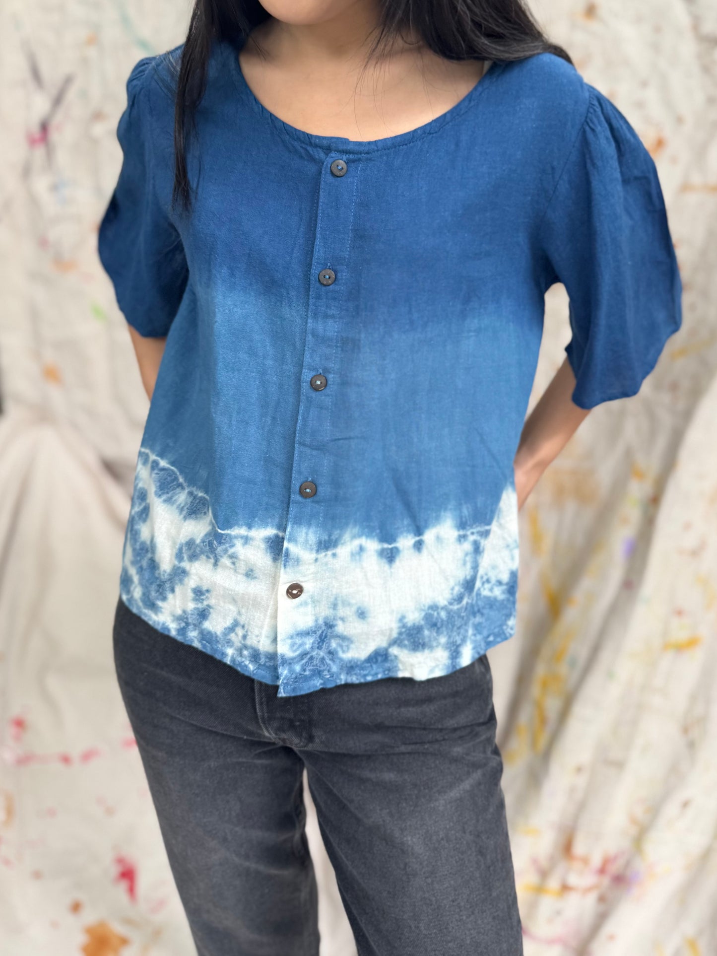 Thailand Handmade Indigo Tie-Dye Cotton Button Top