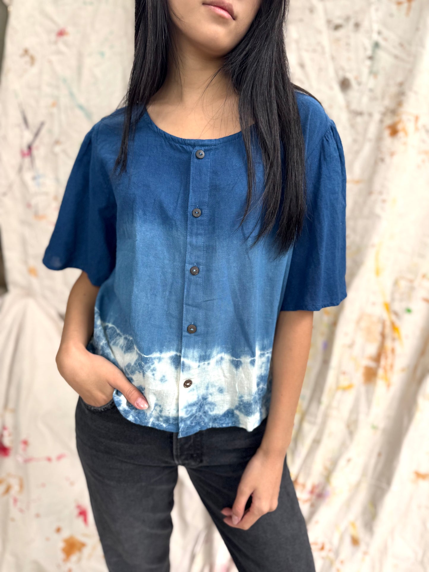 Thailand Handmade Indigo Tie-Dye Cotton Button Top
