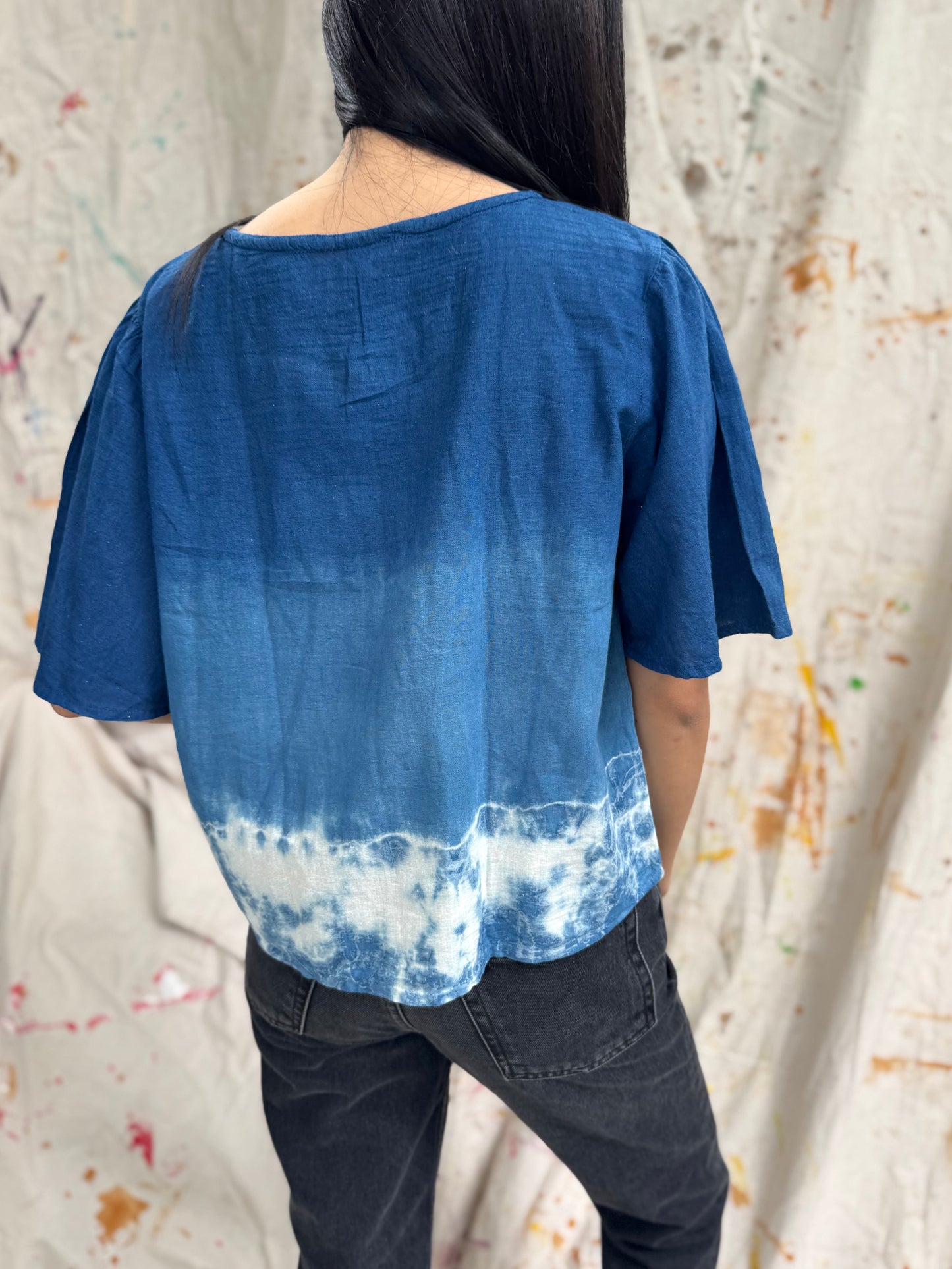 Thailand Handmade Indigo Tie-Dye Cotton Button Top