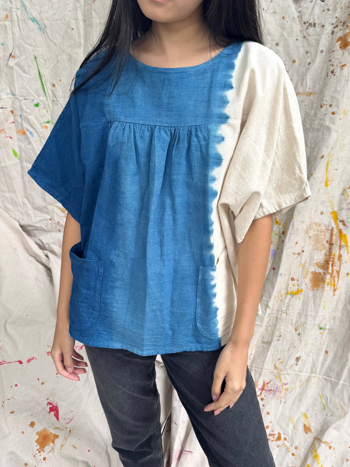 Handmade Indigo Cotton Pocket Top | Plant-Dyed Boho Blouse | One Size