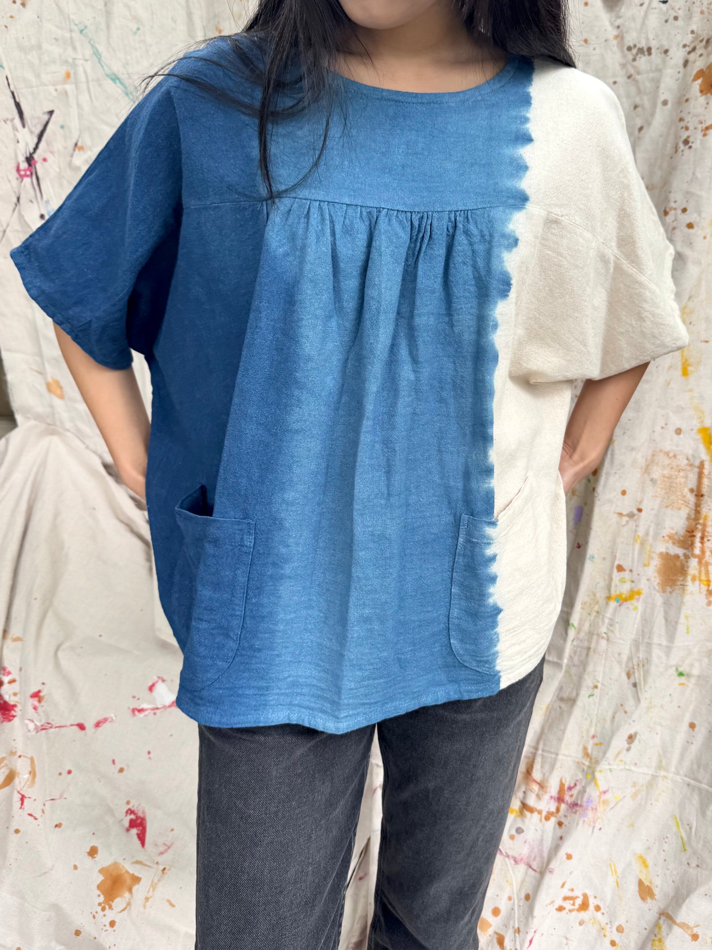 Handmade Indigo Cotton Pocket Top | Plant-Dyed Boho Blouse | One Size