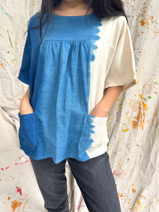 Handmade Indigo Cotton Pocket Top | Plant-Dyed Boho Blouse | One Size