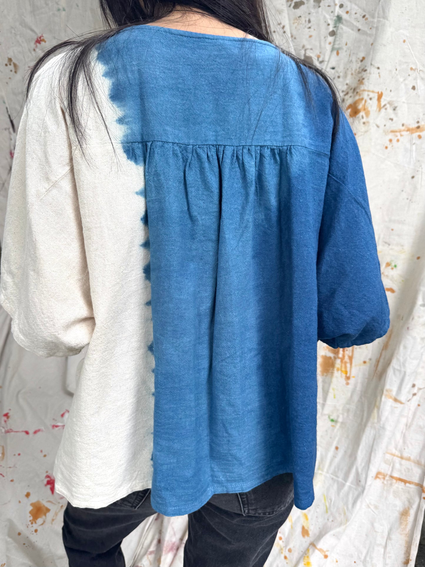 Handmade Indigo Cotton Pocket Top | Plant-Dyed Boho Blouse | One Size