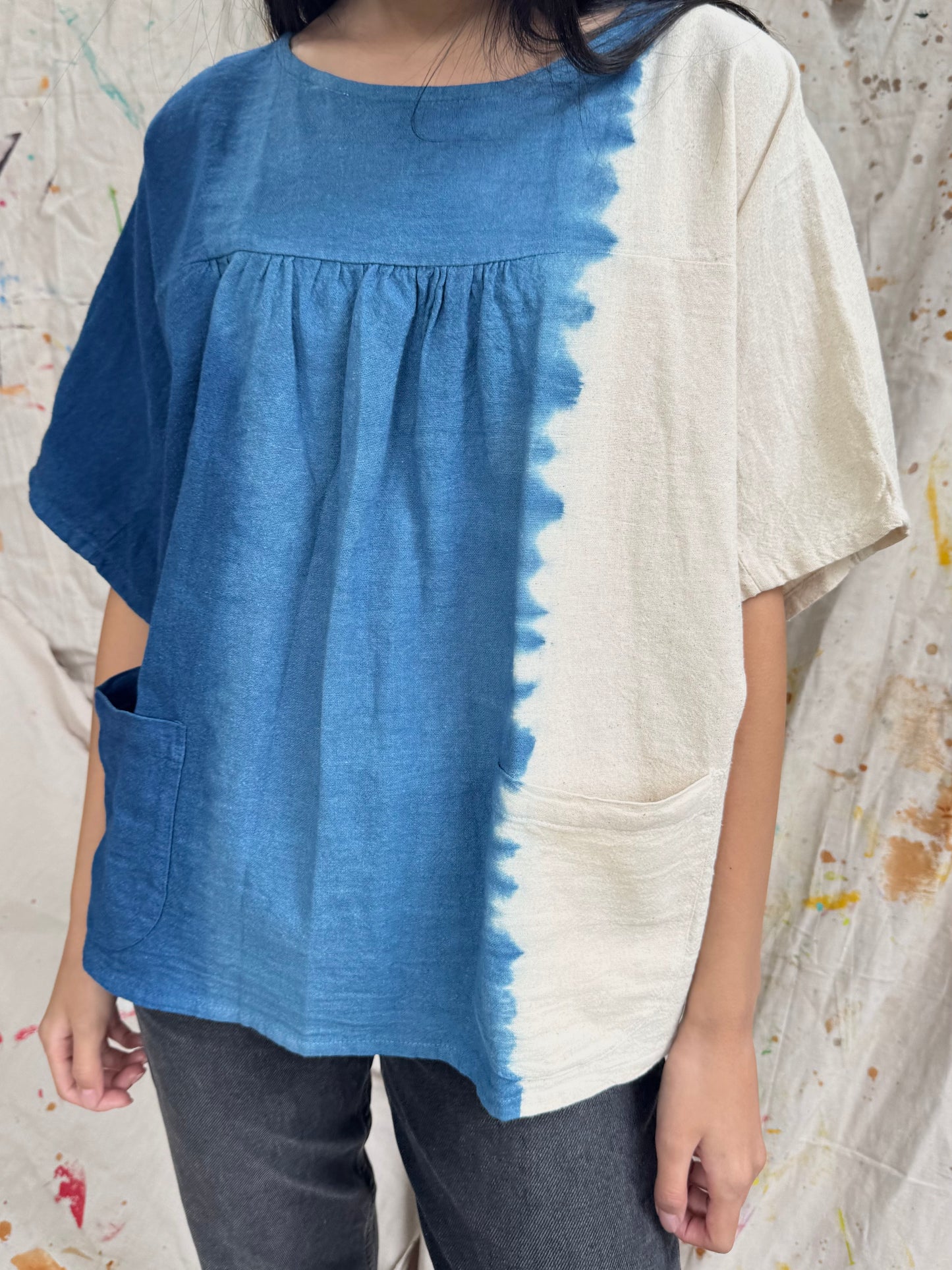 Handmade Indigo Cotton Pocket Top | Plant-Dyed Boho Blouse | One Size