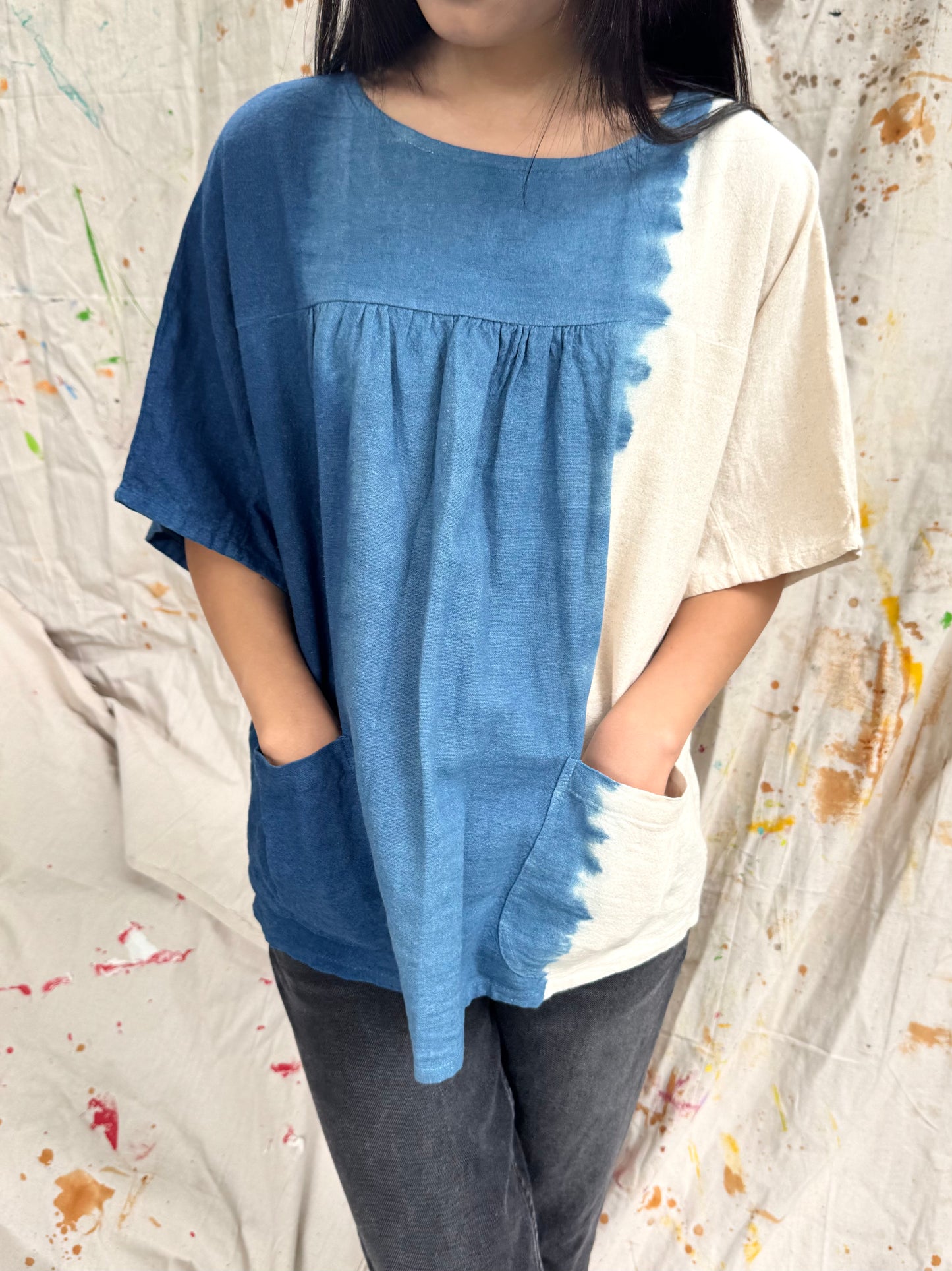 Handmade Indigo Cotton Pocket Top | Plant-Dyed Boho Blouse | One Size