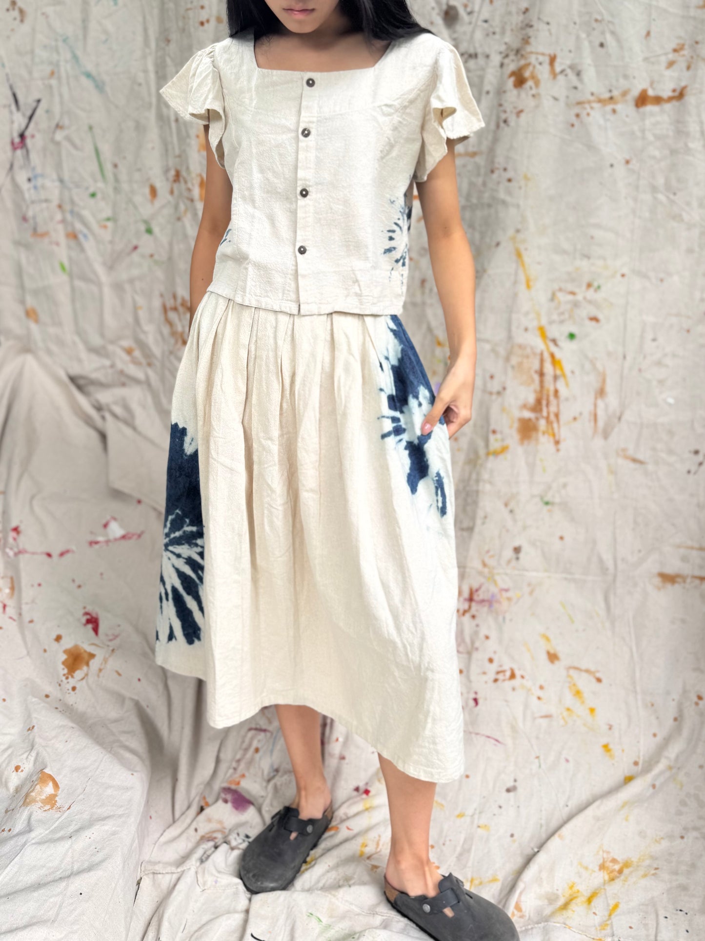 Hand-Dyed Indigo Cotton Top with Ruffle Sleeves | Natural Plant Dye