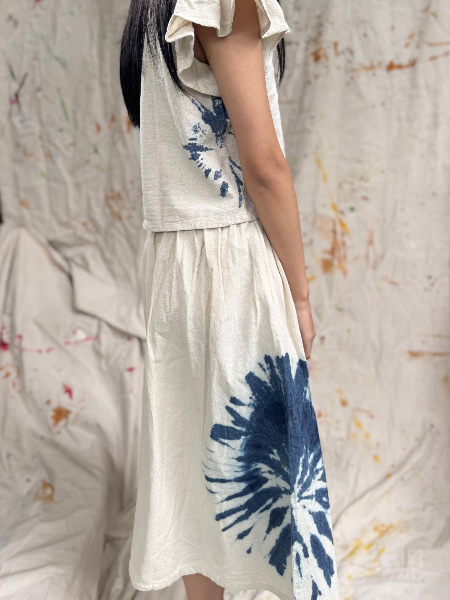 Hand-Dyed Indigo Cotton Top with Ruffle Sleeves | Natural Plant Dye