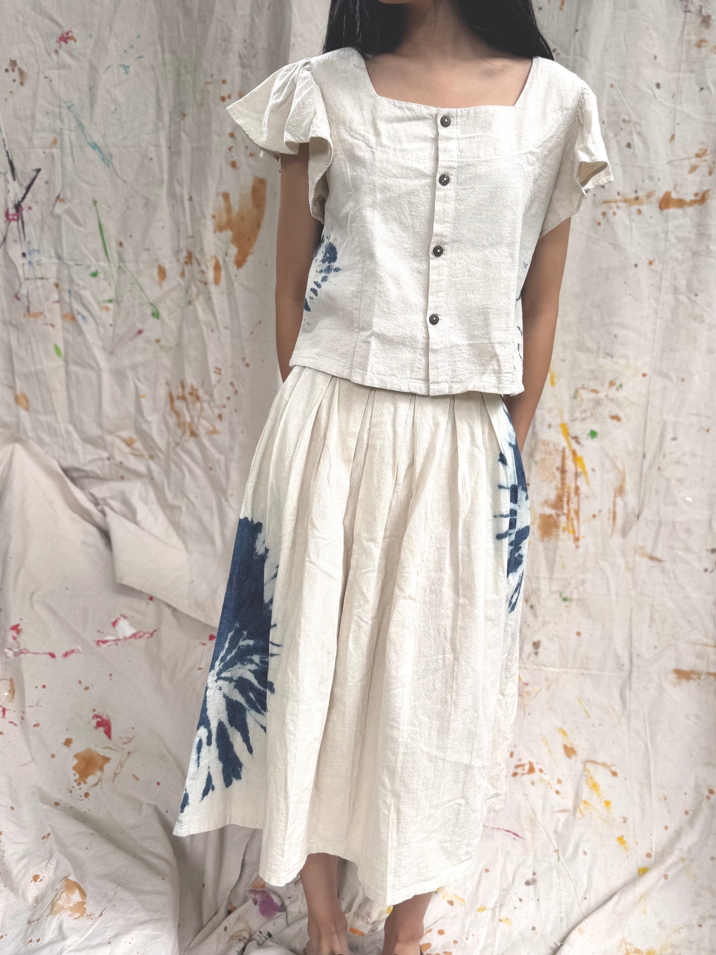 Hand-Dyed Indigo Cotton Top with Ruffle Sleeves | Natural Plant Dye