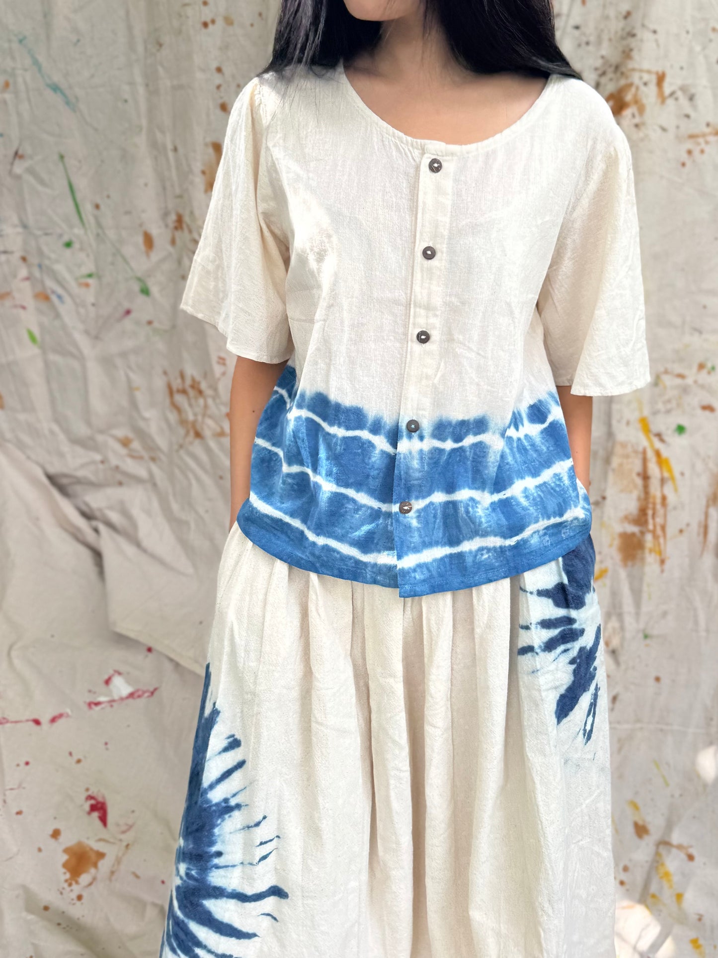 Thailand Handmade Indigo Tie-Dye Cotton Blouse