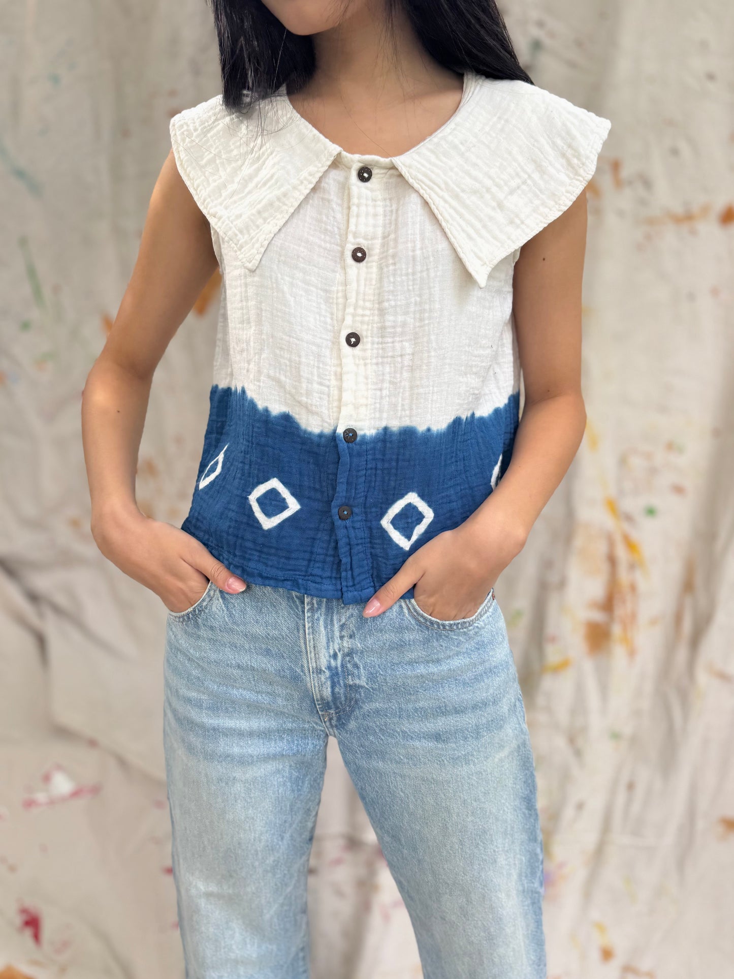 Hand-Dyed Indigo Cotton Top with Wide Collar | Natural Plant Dye | One of a Kind