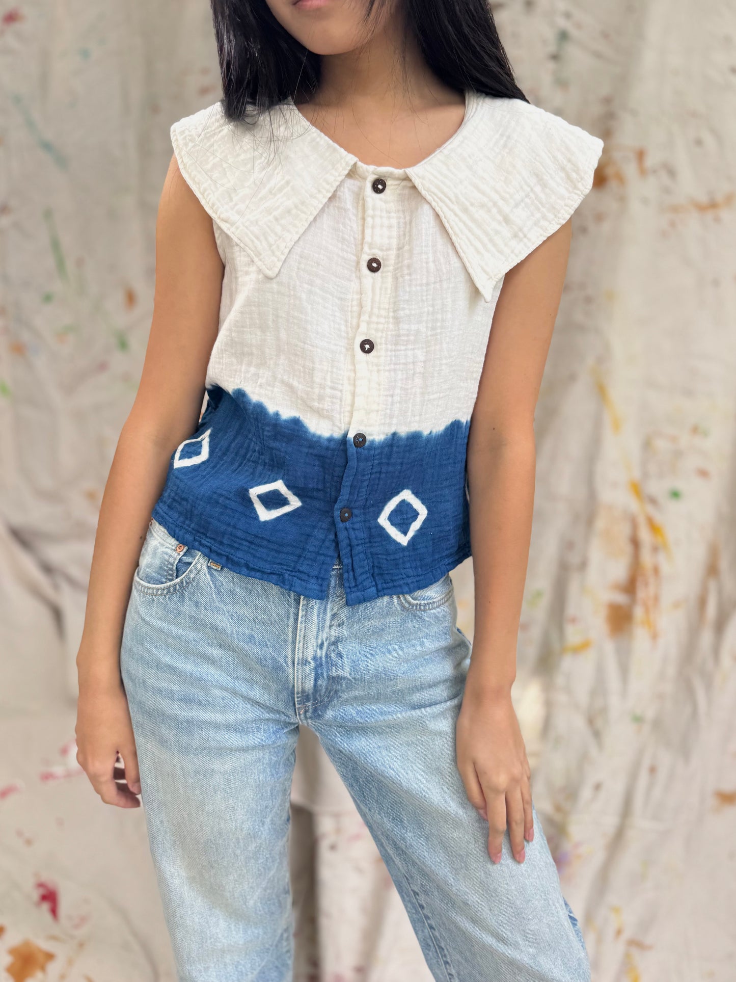 Hand-Dyed Indigo Cotton Top with Wide Collar | Natural Plant Dye | One of a Kind