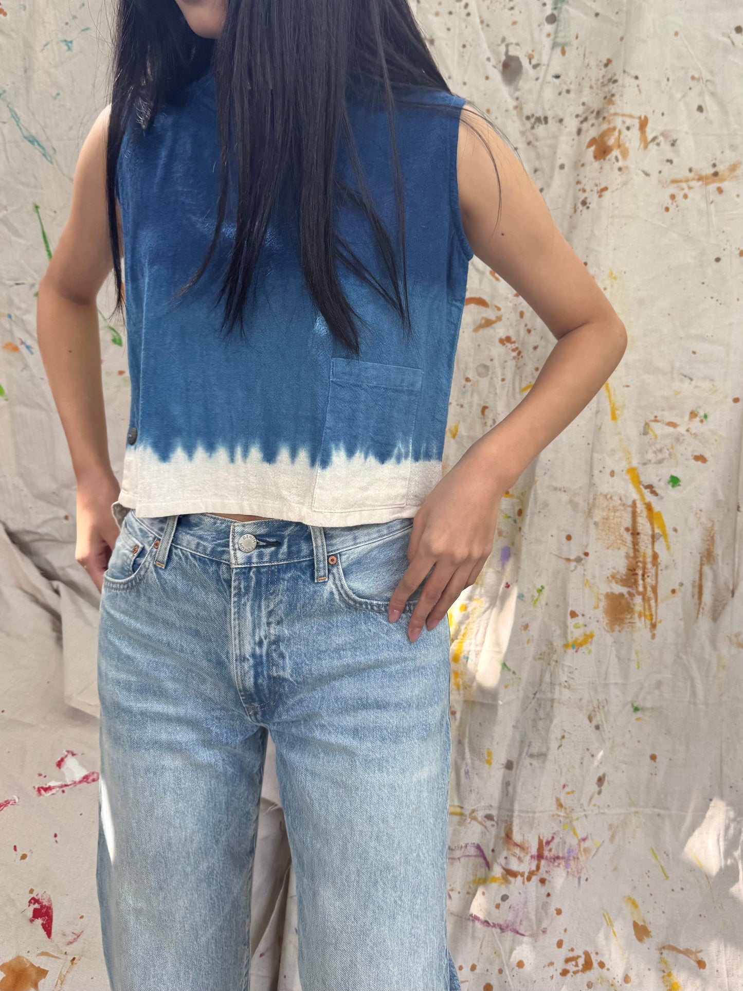 Hand-Dyed Indigo Cotton Sleeveless Top with Pocket | Natural Plant Dye | One of a Kind